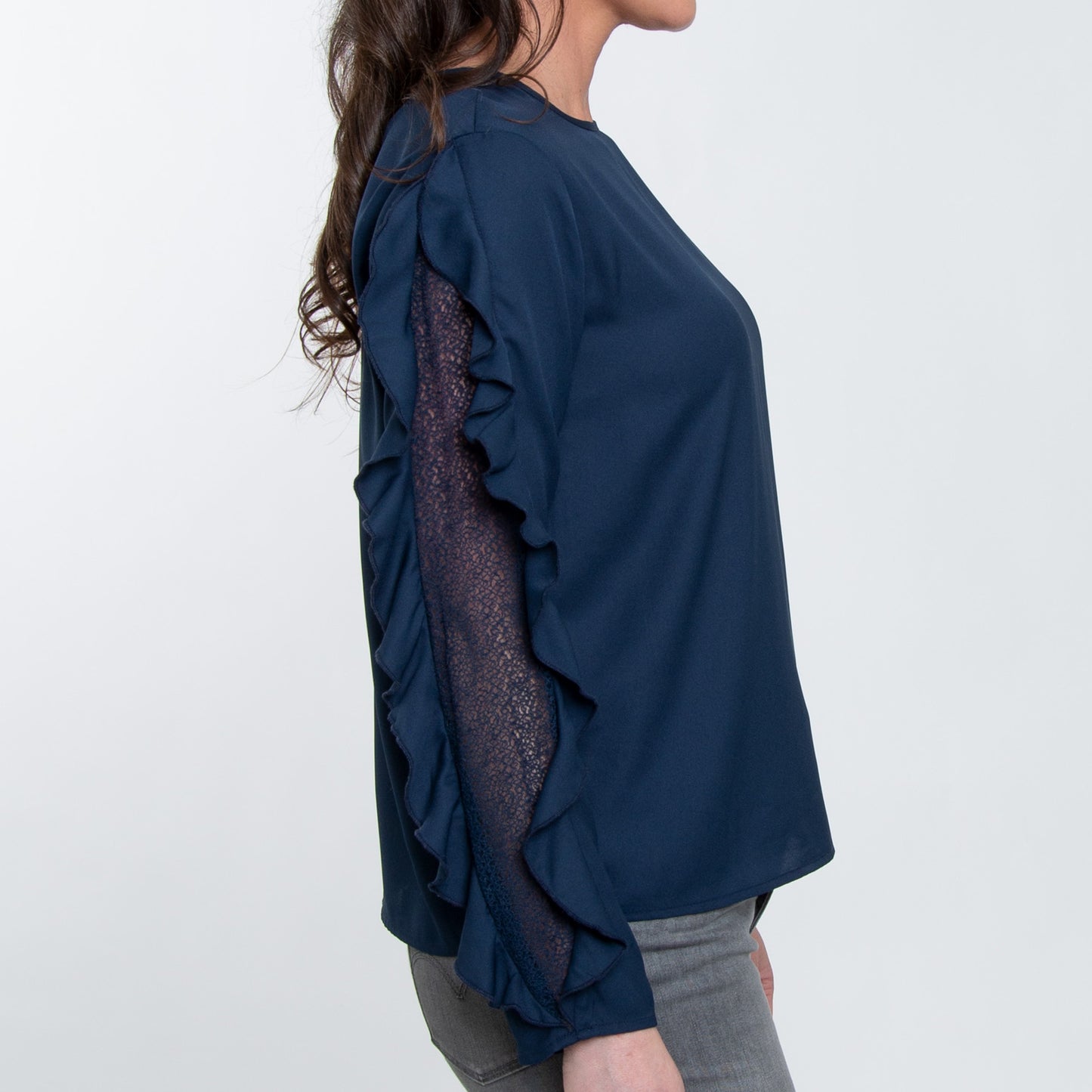 Beckett Deep Blue Ruffle Long Sleeve Crew Neck Blouse