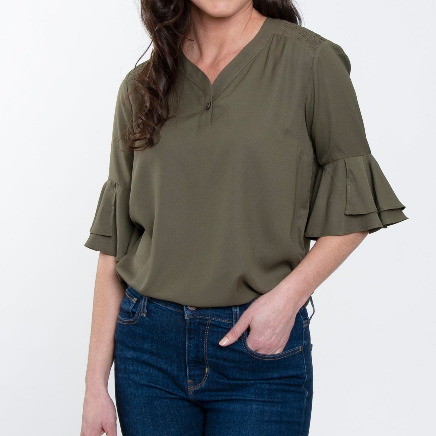 Vera 3/4 Flutter Sleeve Olive V-Neck Blouse