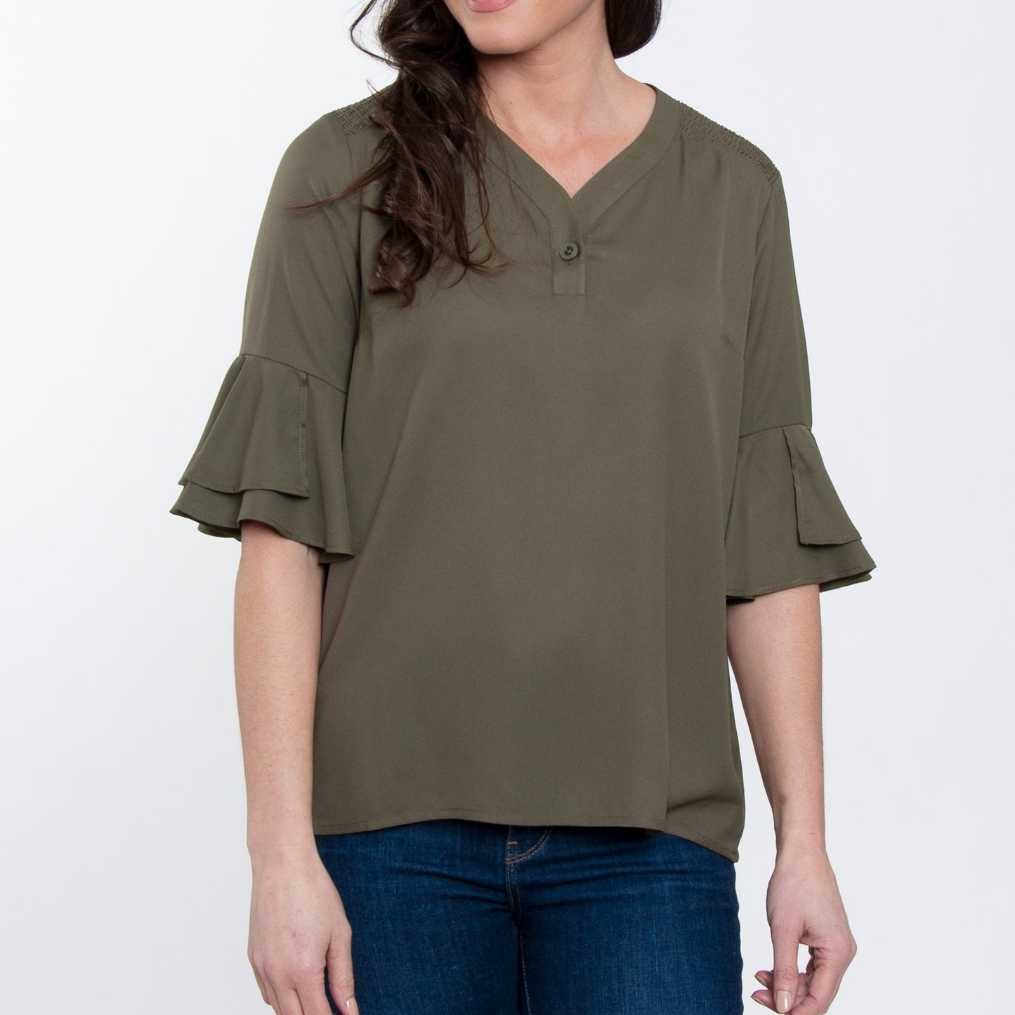 Vera 3/4 Flutter Sleeve Olive V-Neck Blouse