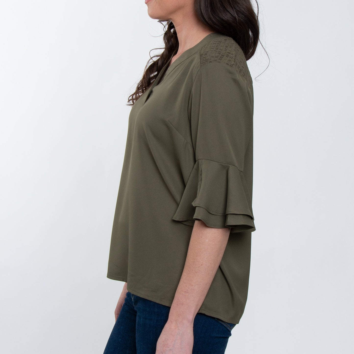 Vera 3/4 Flutter Sleeve Olive V-Neck Blouse