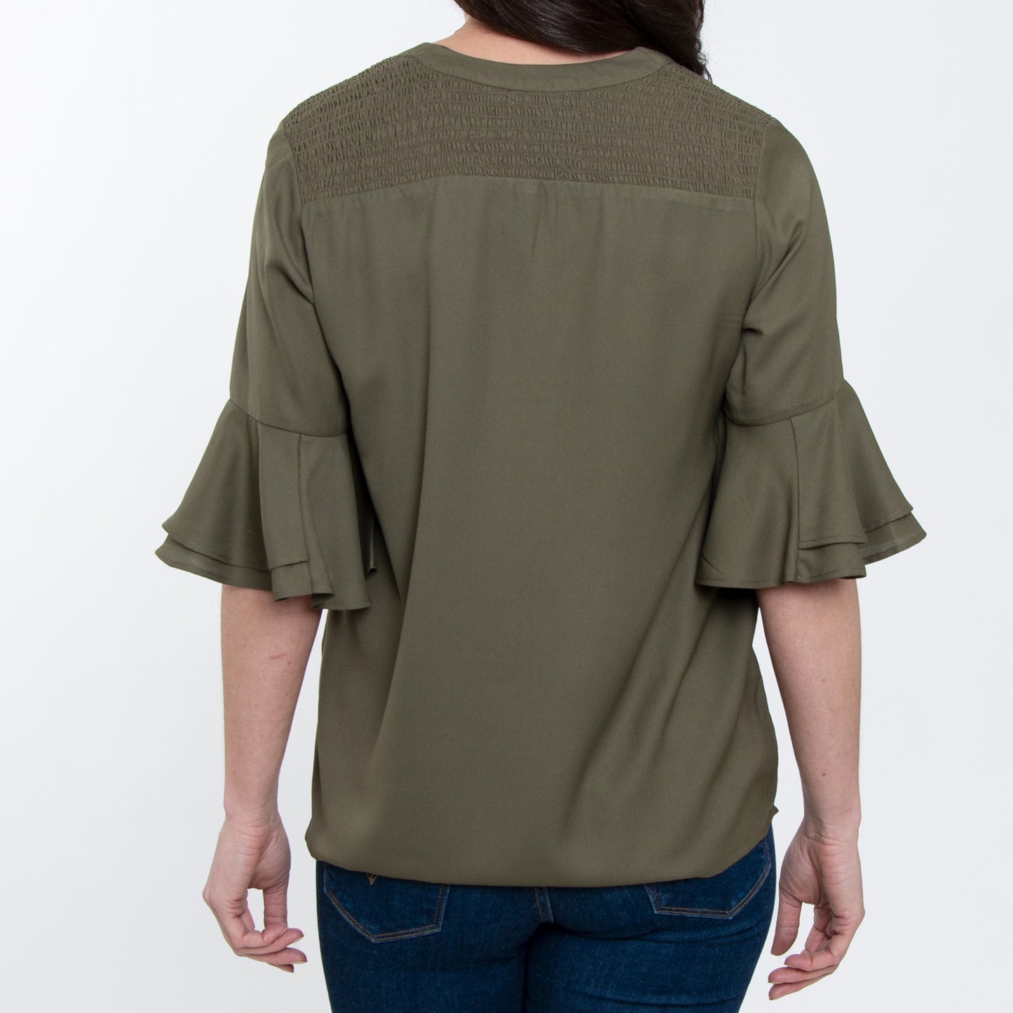 Vera 3/4 Flutter Sleeve Olive V-Neck Blouse