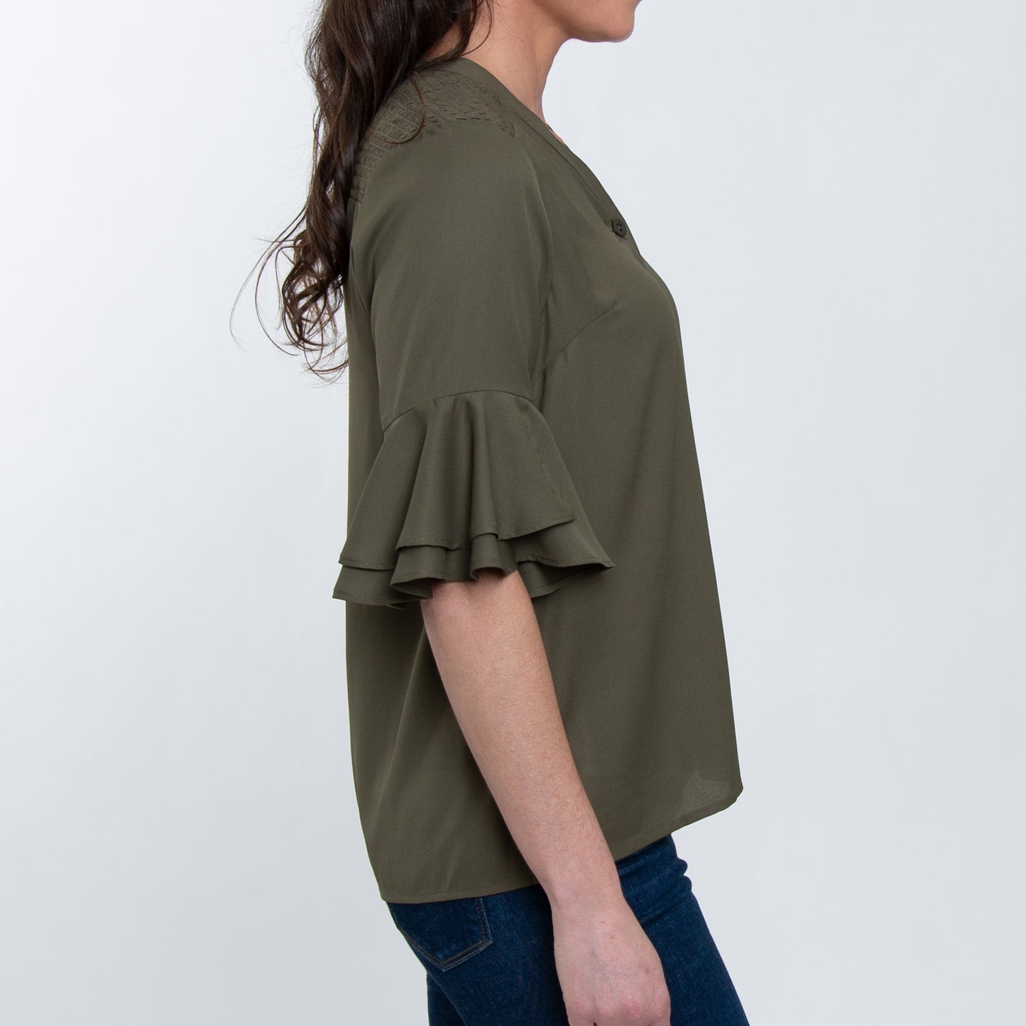 Vera 3/4 Flutter Sleeve Olive V-Neck Blouse