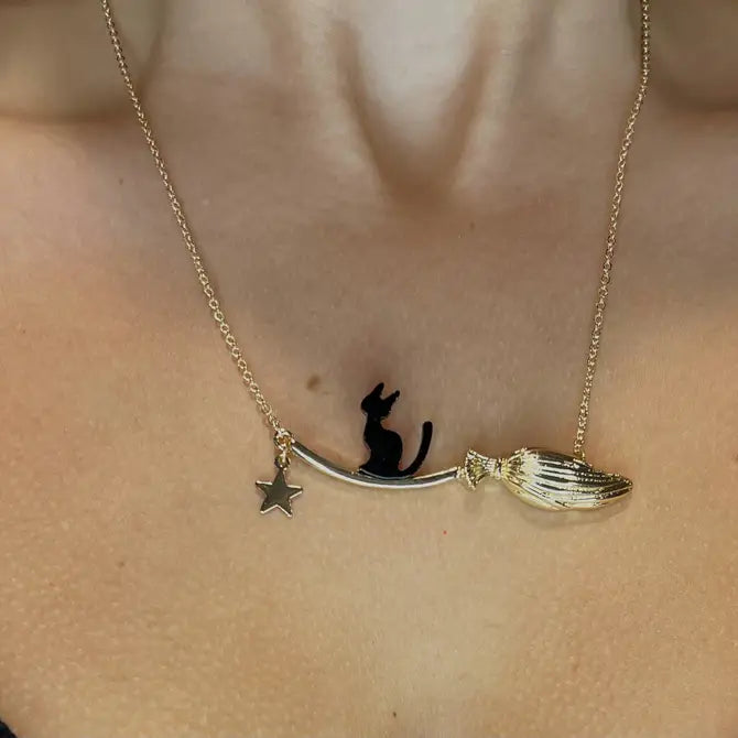 Halloween Black Binx Cat and Broom Pendant Necklace