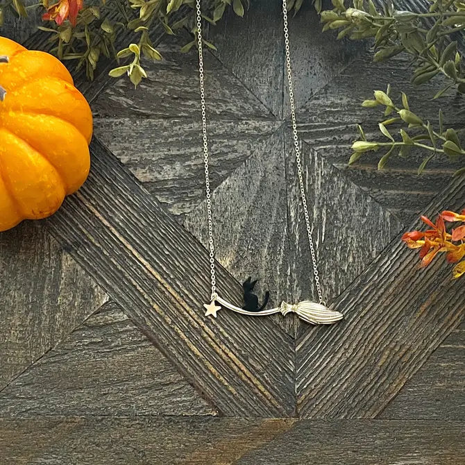 Halloween Black Binx Cat and Broom Pendant Necklace