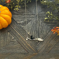 Halloween Black Binx Cat and Broom Pendant Necklace
