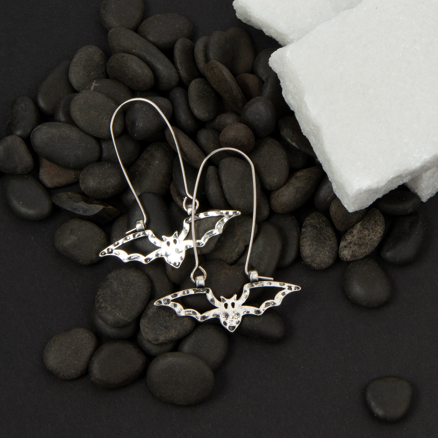 Halloween Silver Hammered Bat Dangle Earrings
