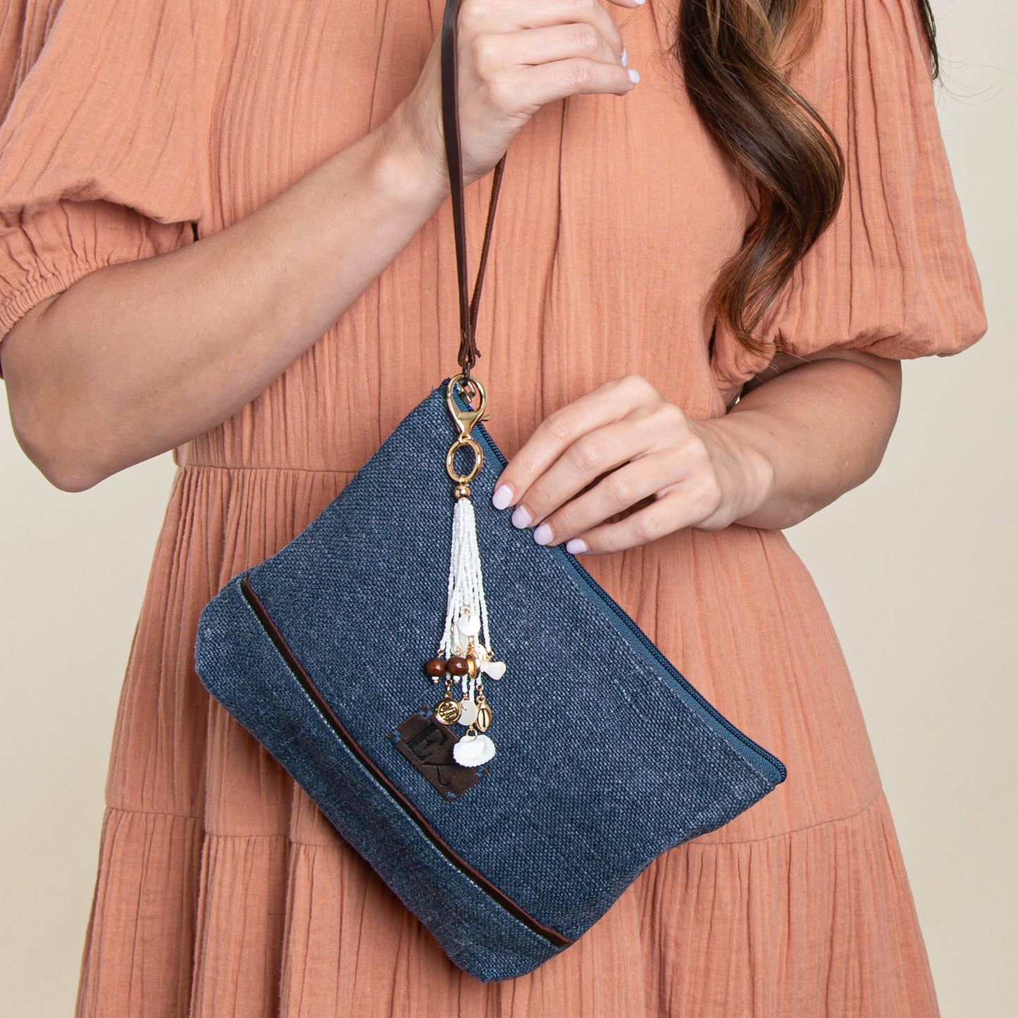 Zyla Jute Leather Handled Zip Closure Clutch Purse