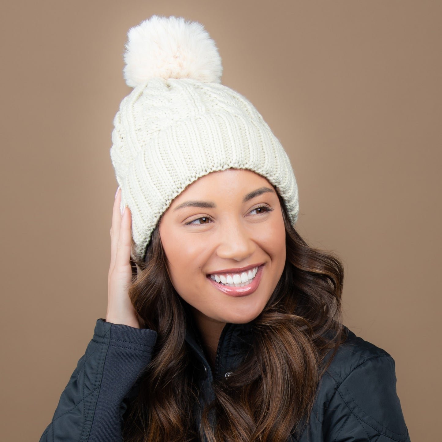 Sierra Cable Knit Pom Lined Beanie Hat