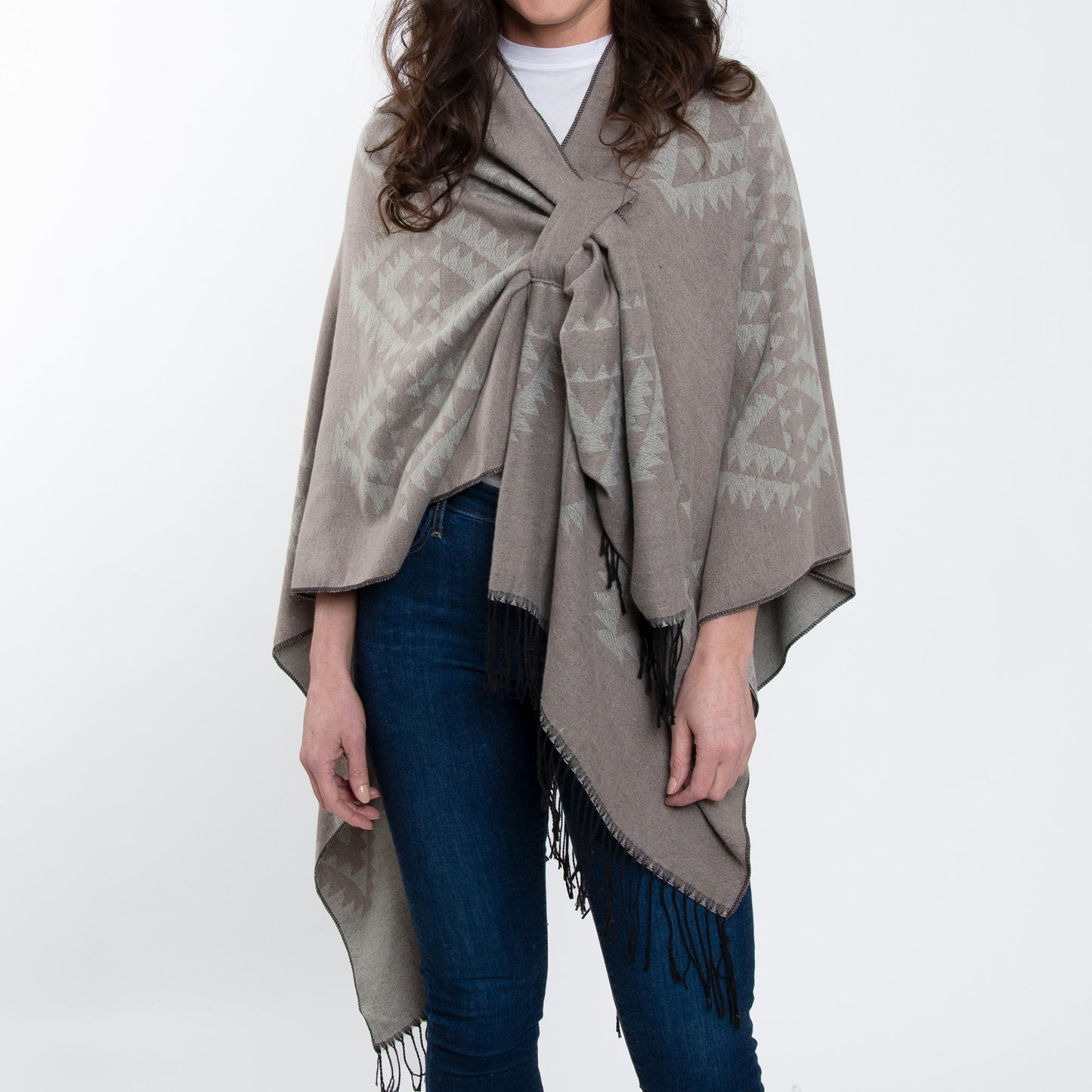 Rumi Reversible One Size Aztec Patterned Tasseled Wrap