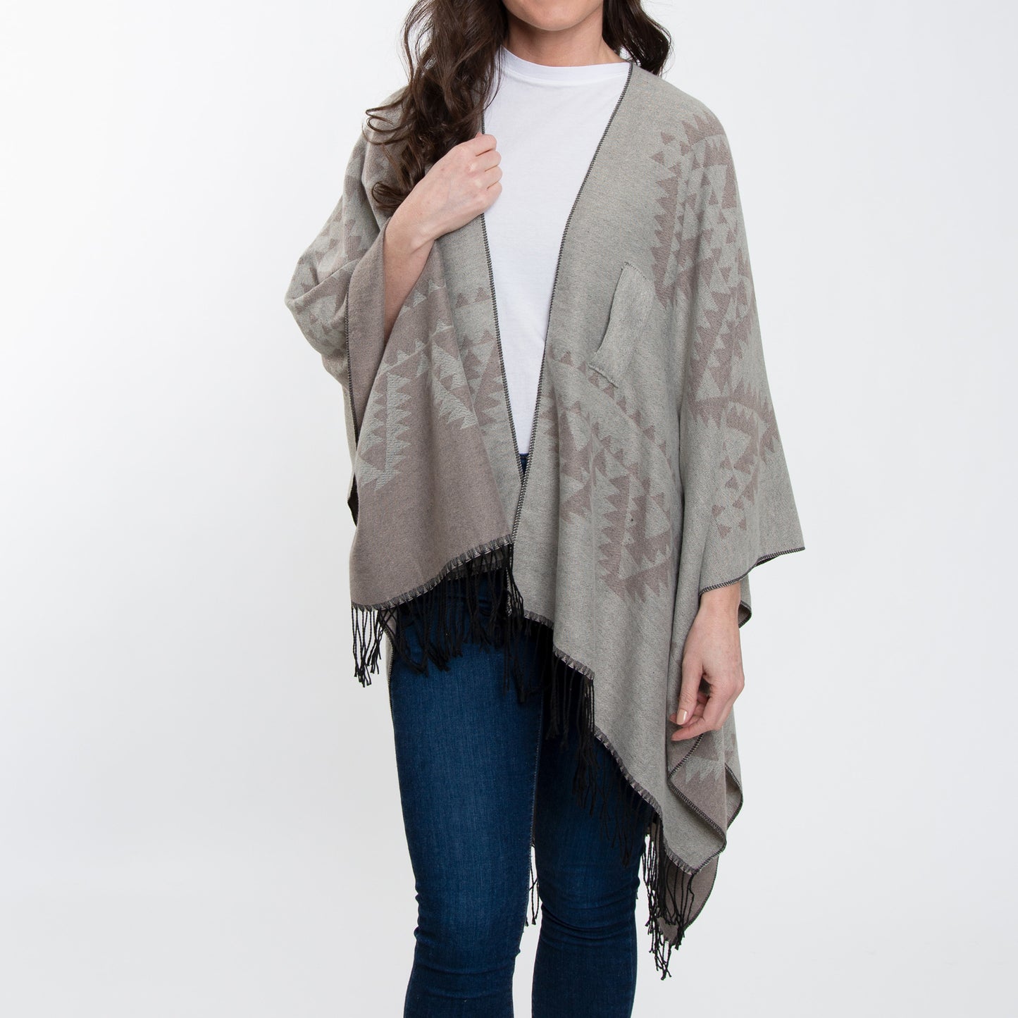Rumi Reversible One Size Aztec Patterned Tasseled Wrap