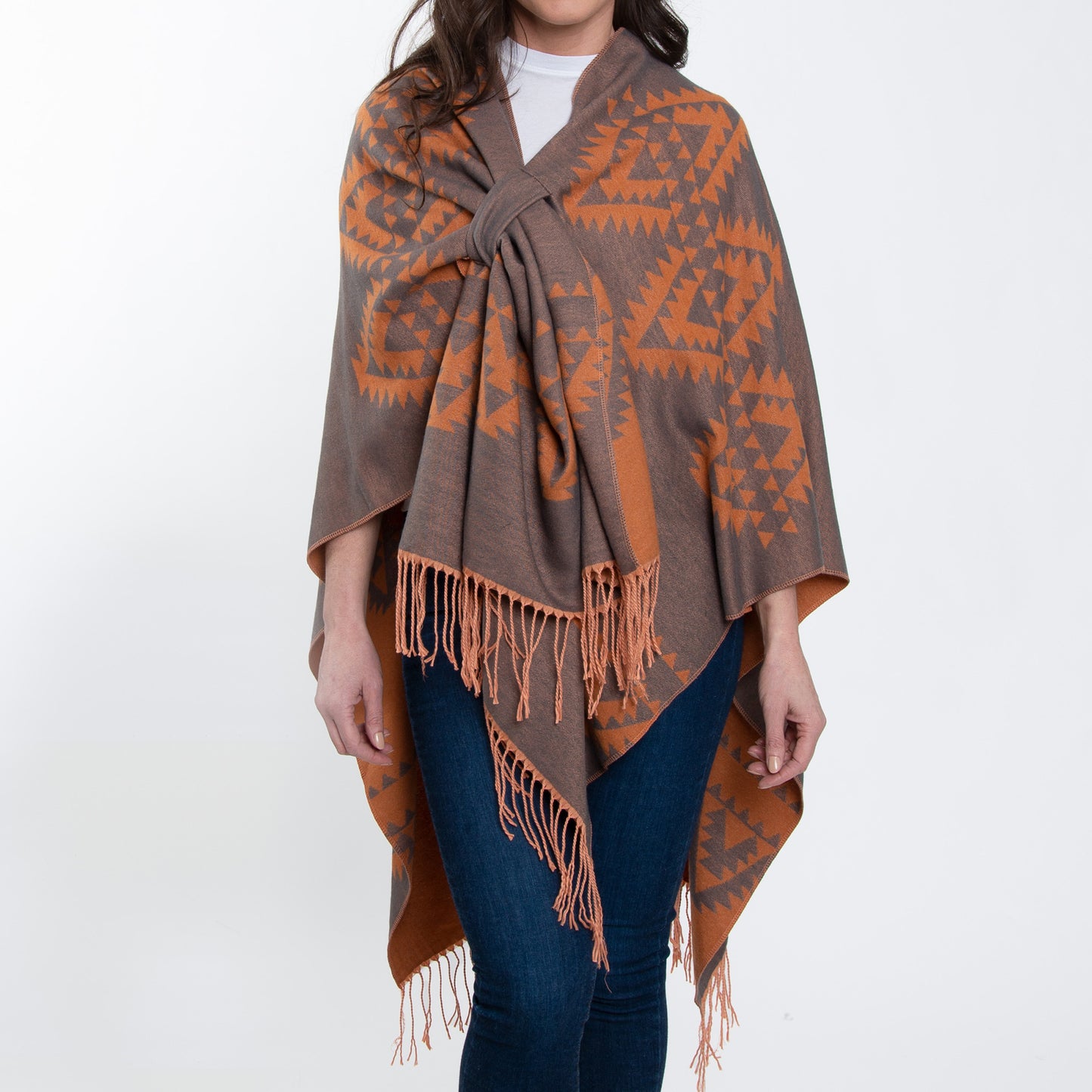 Rumi Reversible One Size Aztec Patterned Tasseled Wrap