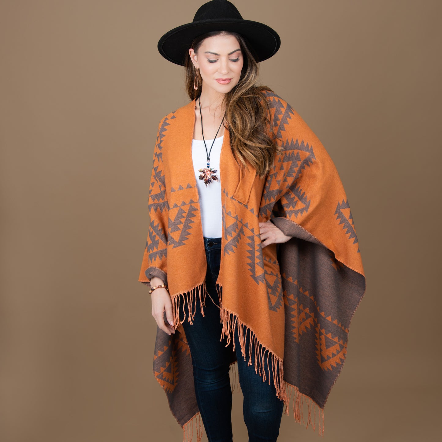 Rumi Reversible One Size Aztec Patterned Tasseled Wrap