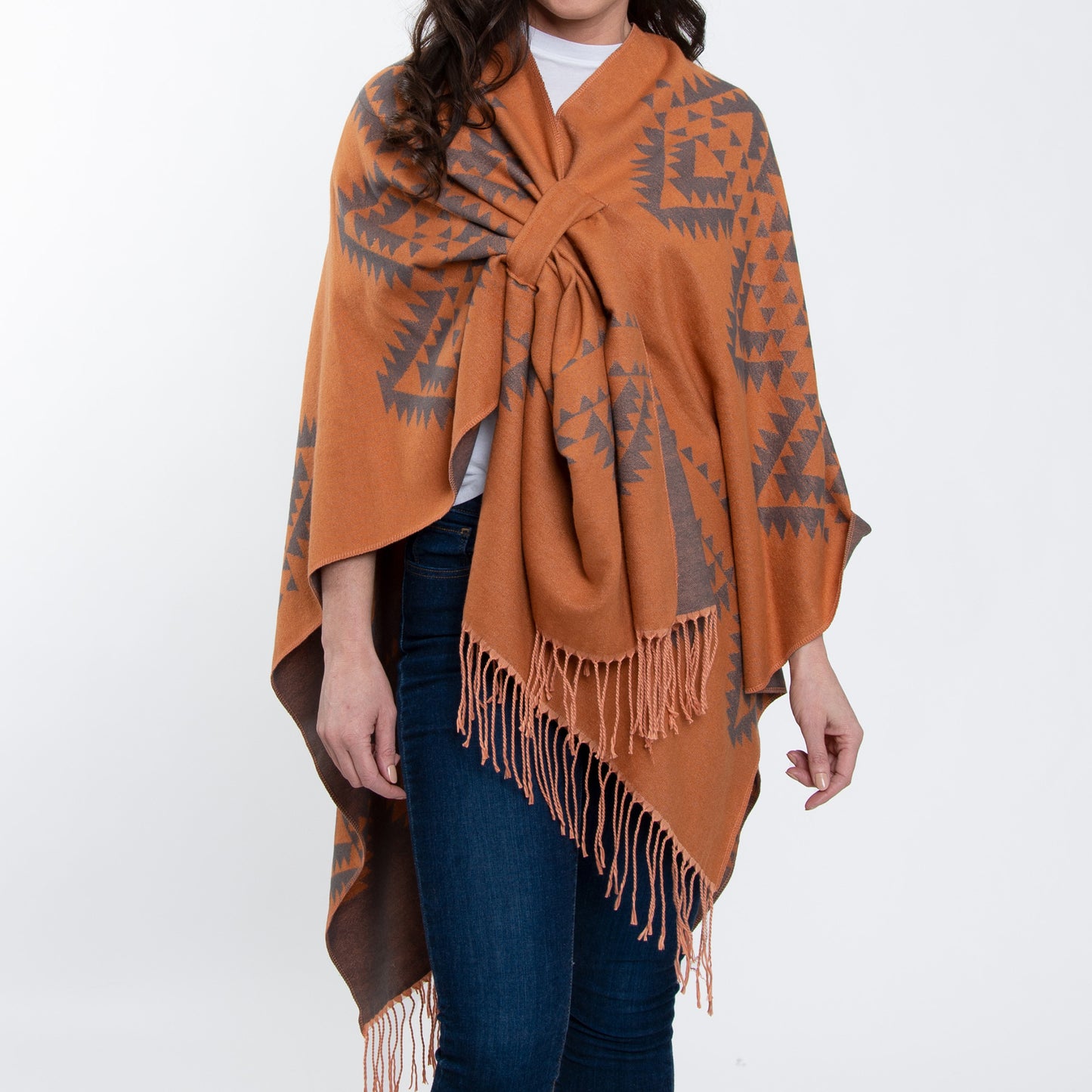 Rumi Reversible One Size Aztec Patterned Tasseled Wrap
