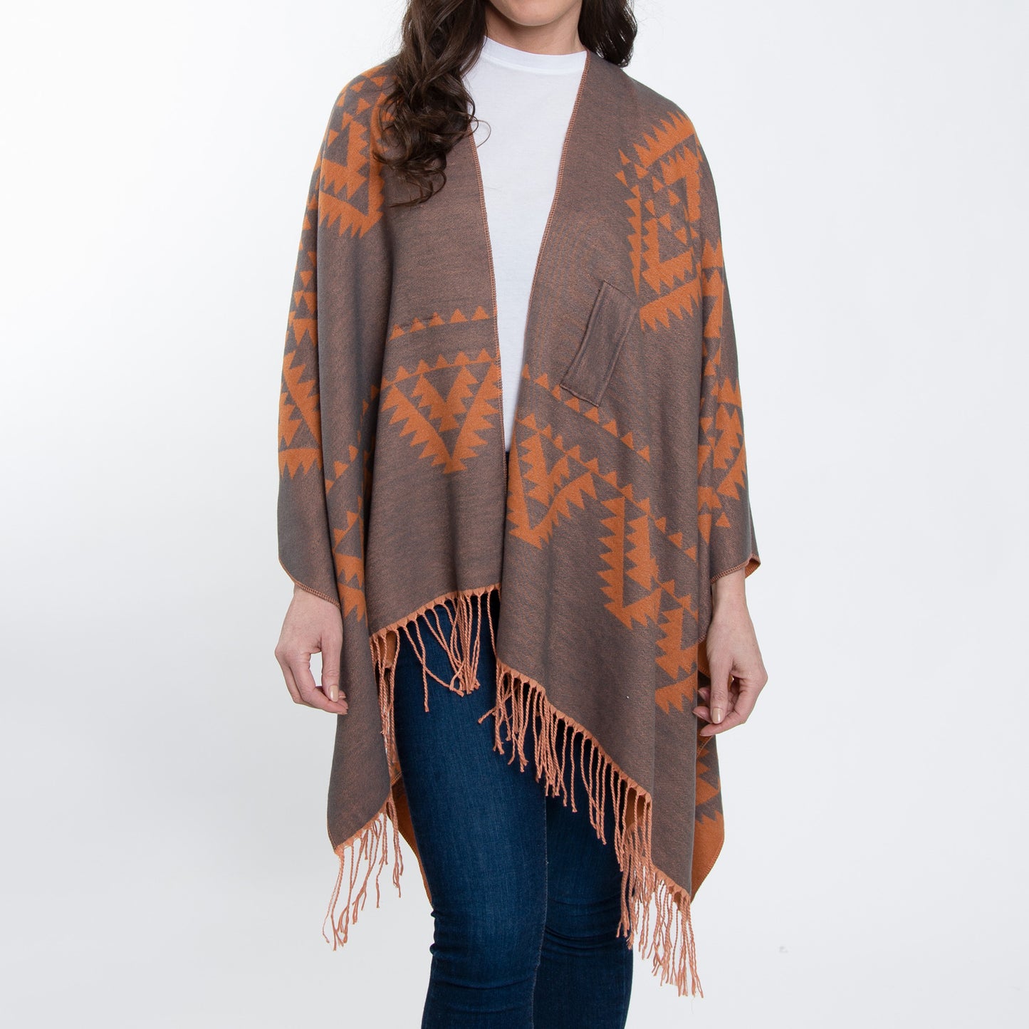 Rumi Reversible One Size Aztec Patterned Tasseled Wrap