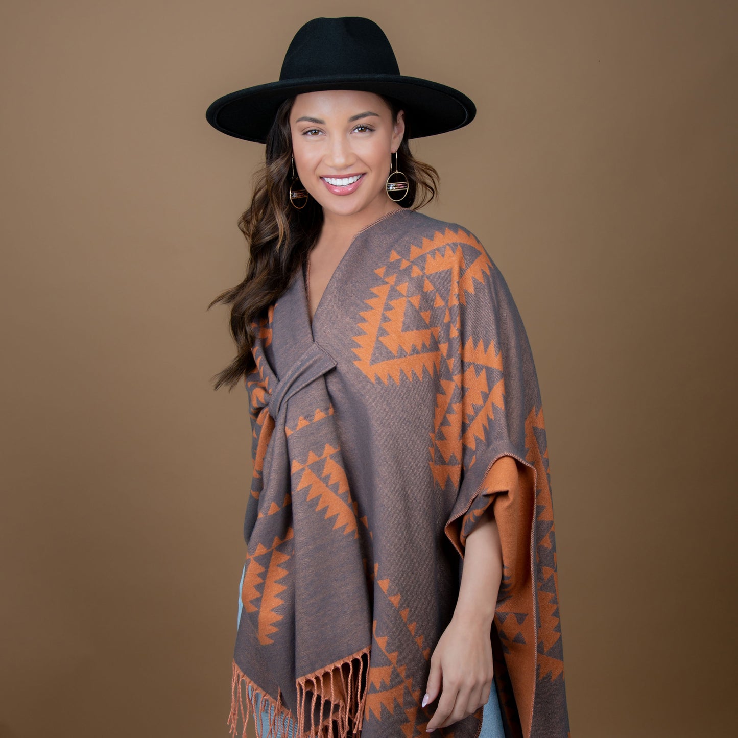 Rumi Reversible One Size Aztec Patterned Tasseled Wrap