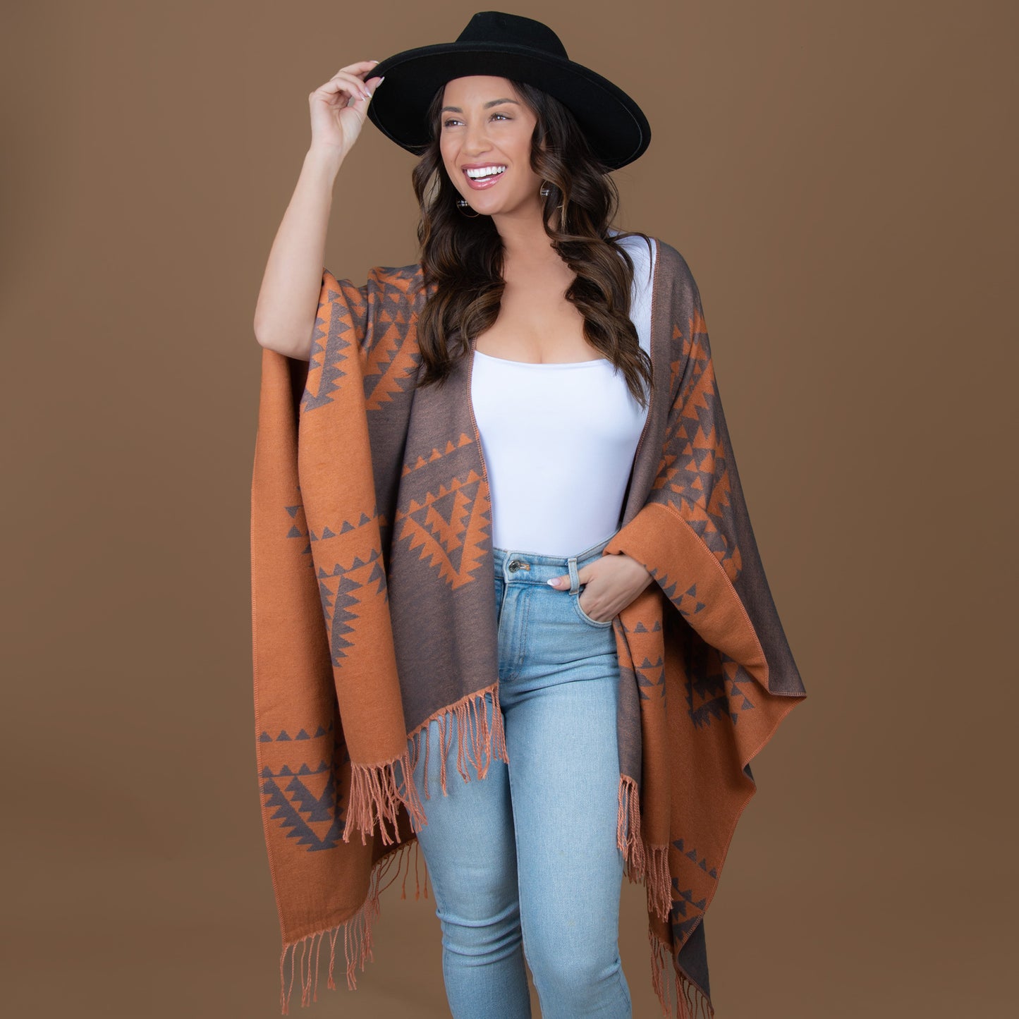 Rumi Reversible One Size Aztec Patterned Tasseled Wrap