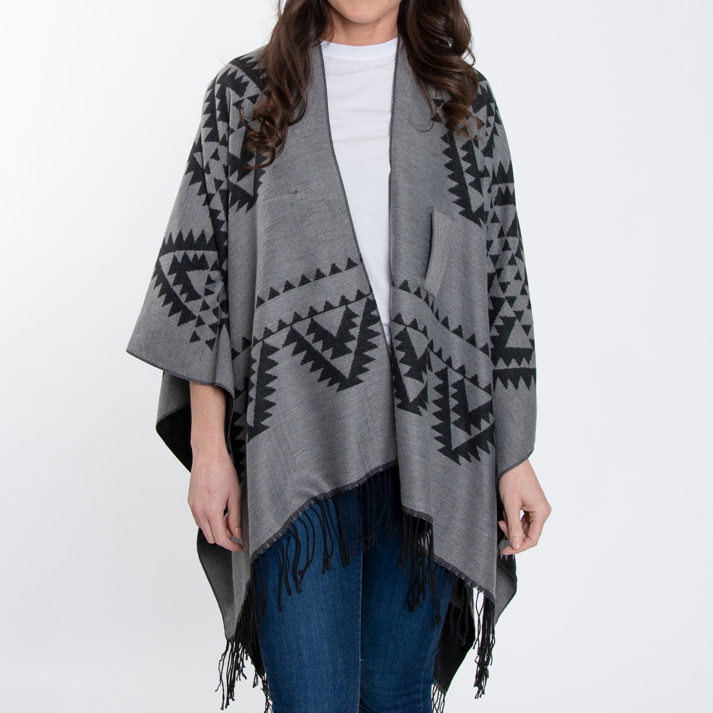 Rumi Reversible One Size Aztec Patterned Tasseled Wrap