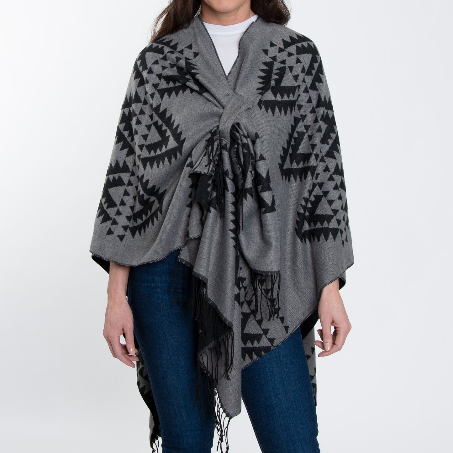 Rumi Reversible One Size Aztec Patterned Tasseled Wrap