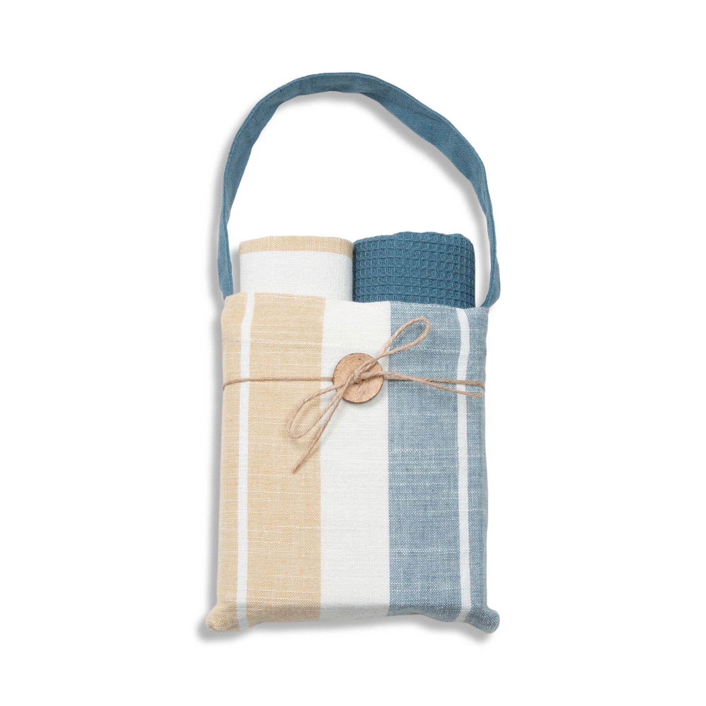 3 Piece Blue & Tan Stripe Kitchen Tea Towel Set