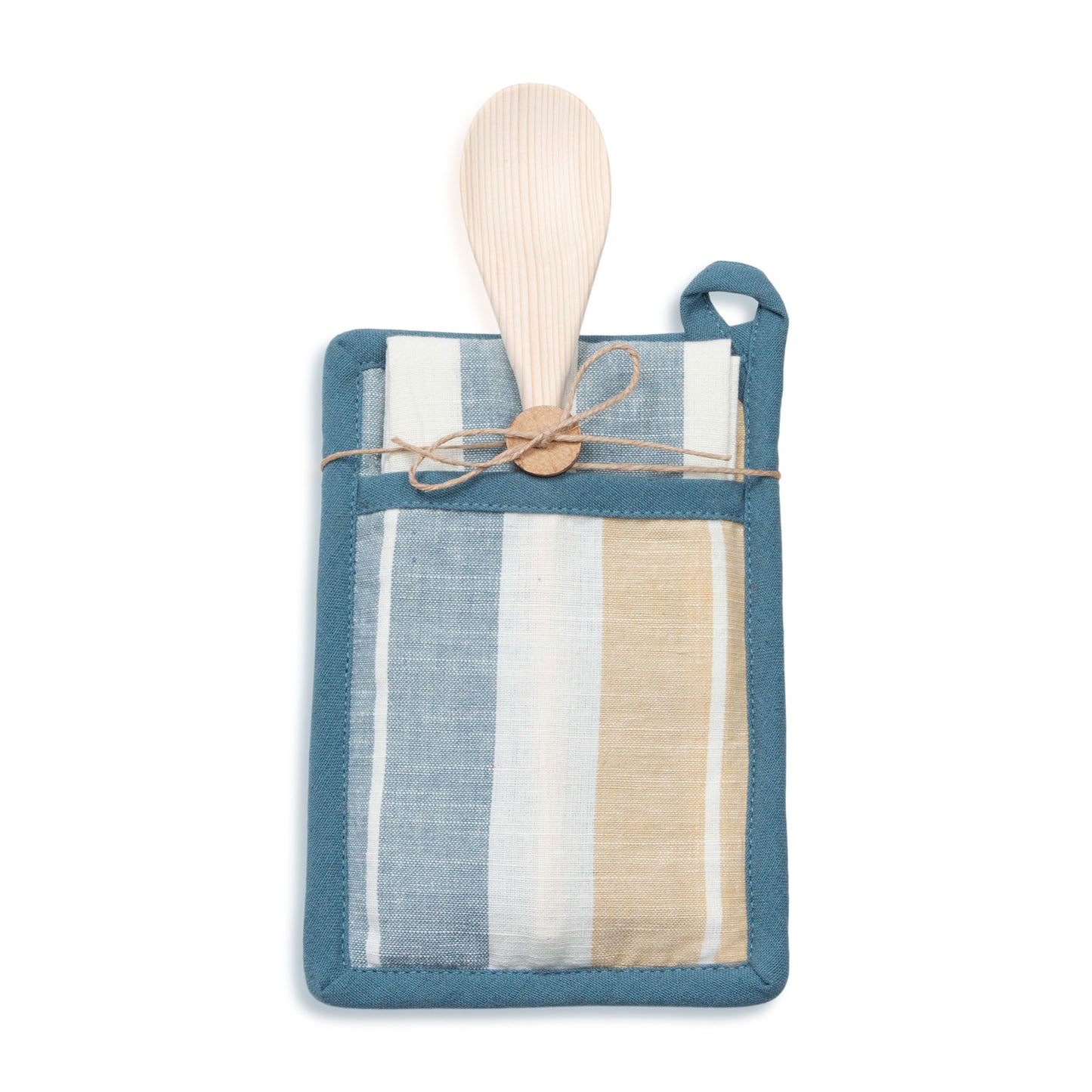 3 Piece Blue & Tan Stripe Kitchen Tea Towel & Pot Holder Set