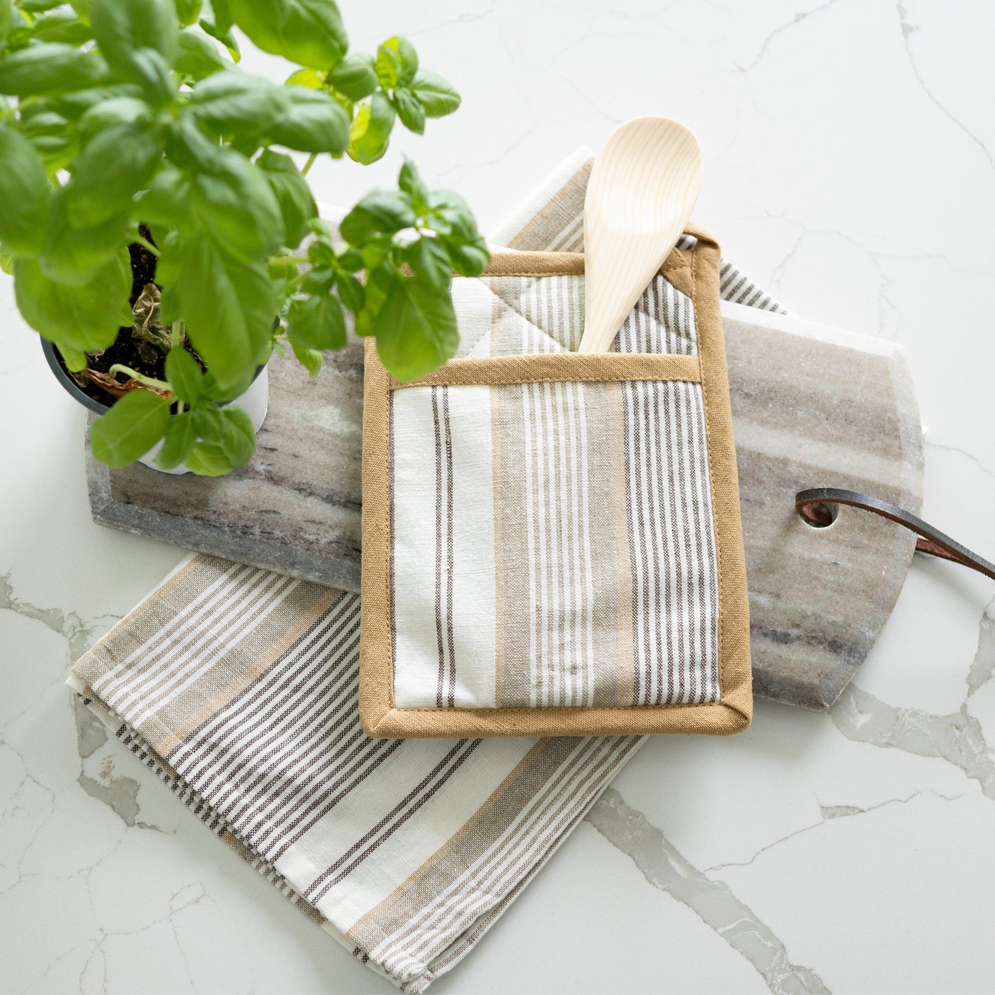 3 Piece Tan Stripe Kitchen Tea Towel & Pot Holder Set