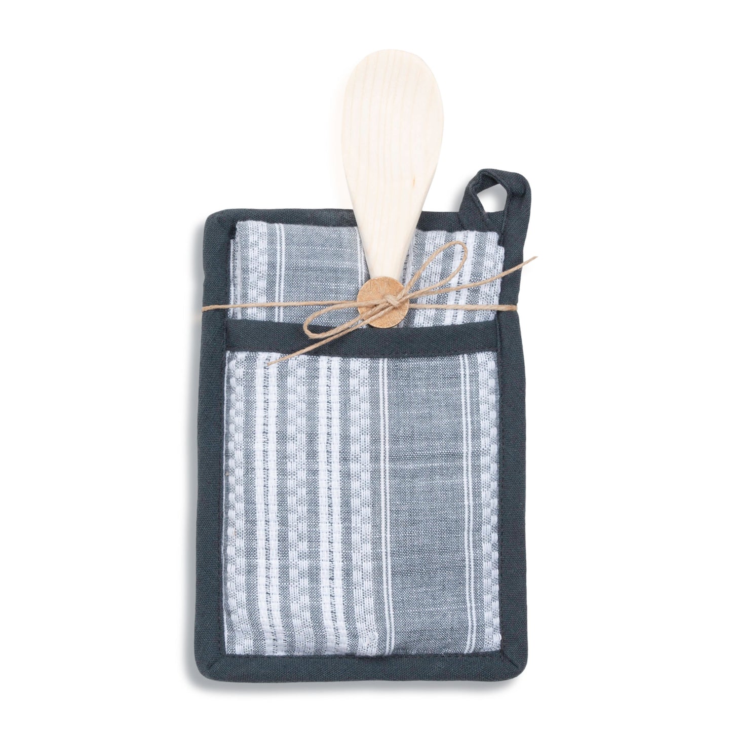 3 Piece Black Stripe Kitchen Tea Towel & Pot Holder Set