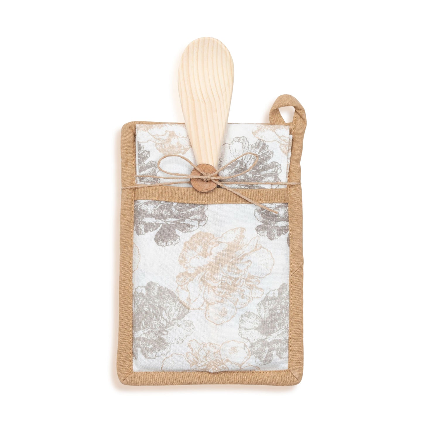 3 Piece Tan Floral Kitchen Tea Towel & Pot Holder Set