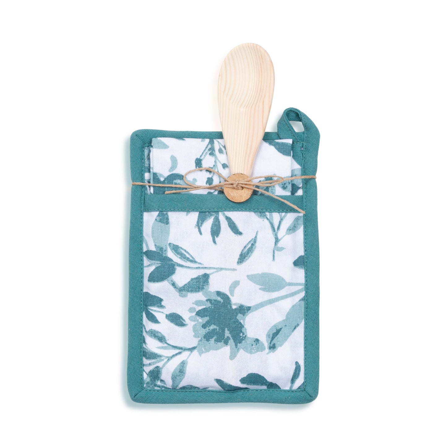 3 Piece Teal Floral Kitchen Tea Towel & Pot Holder Set