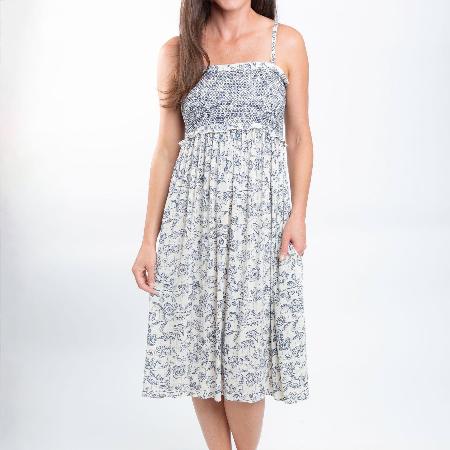 Sarai Smocked Bodice Toile De Jouy Midi Dress