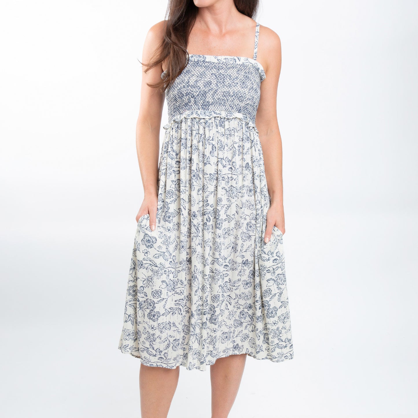 Sarai Smocked Bodice Toile De Jouy Midi Dress