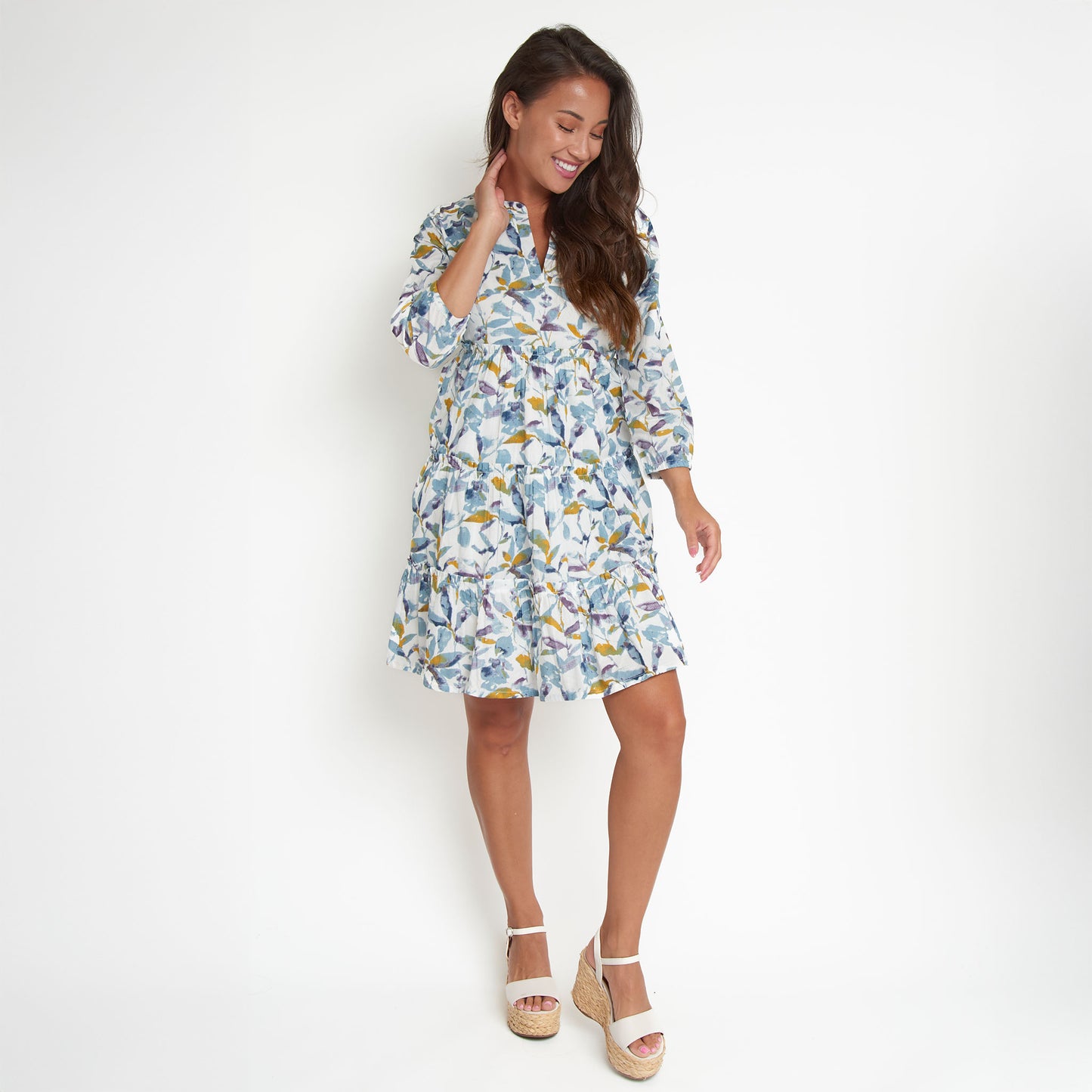 Allegra V-Neck 3/4 Sleeve Tiered Baby Doll Dress