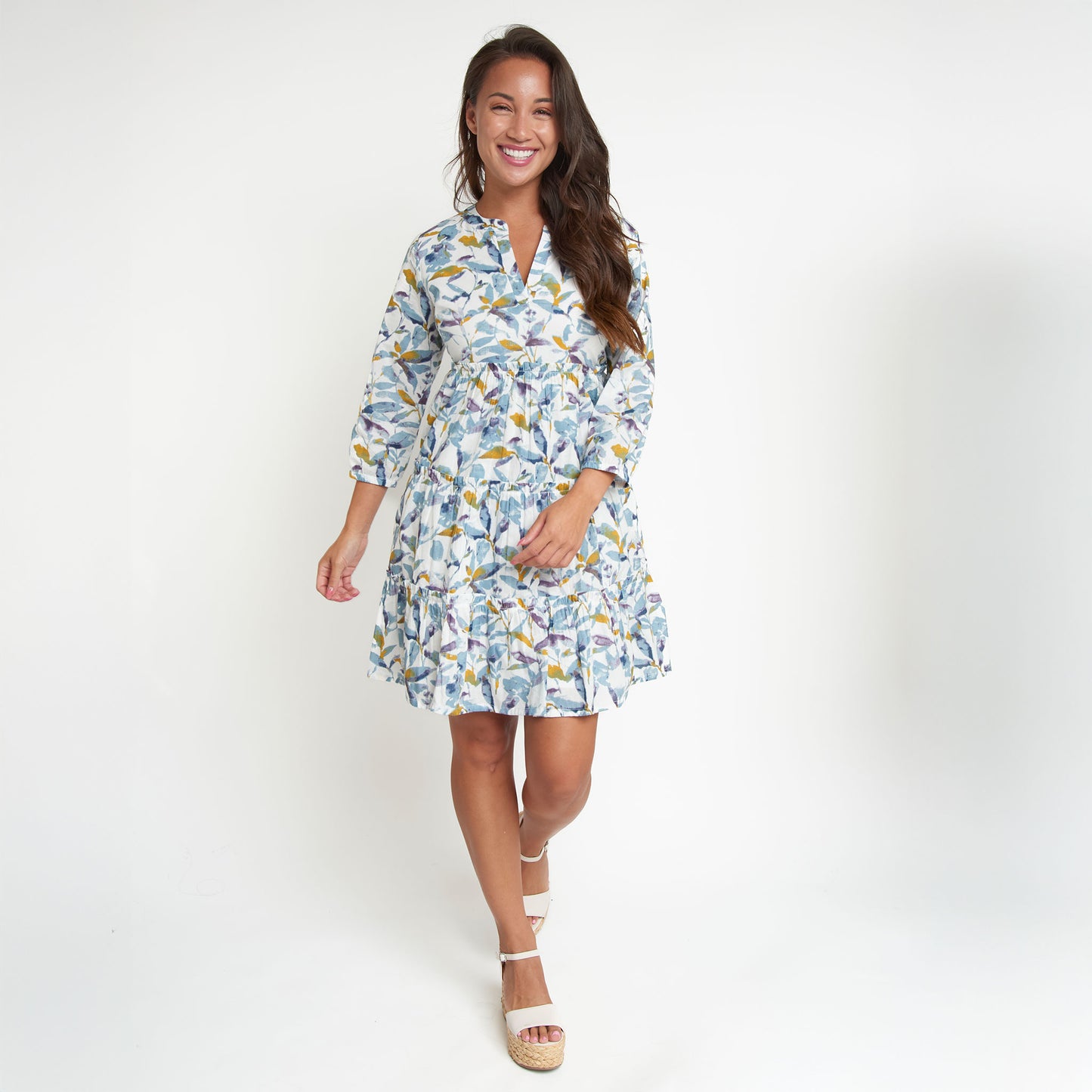 Allegra V-Neck 3/4 Sleeve Tiered Baby Doll Dress
