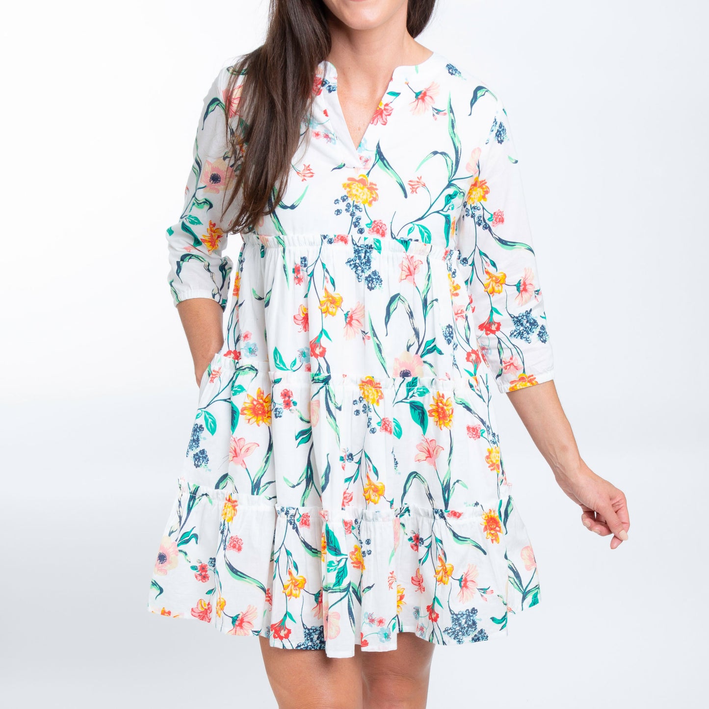 Allegra V-Neck 3/4 Sleeve Tiered Baby Doll Dress
