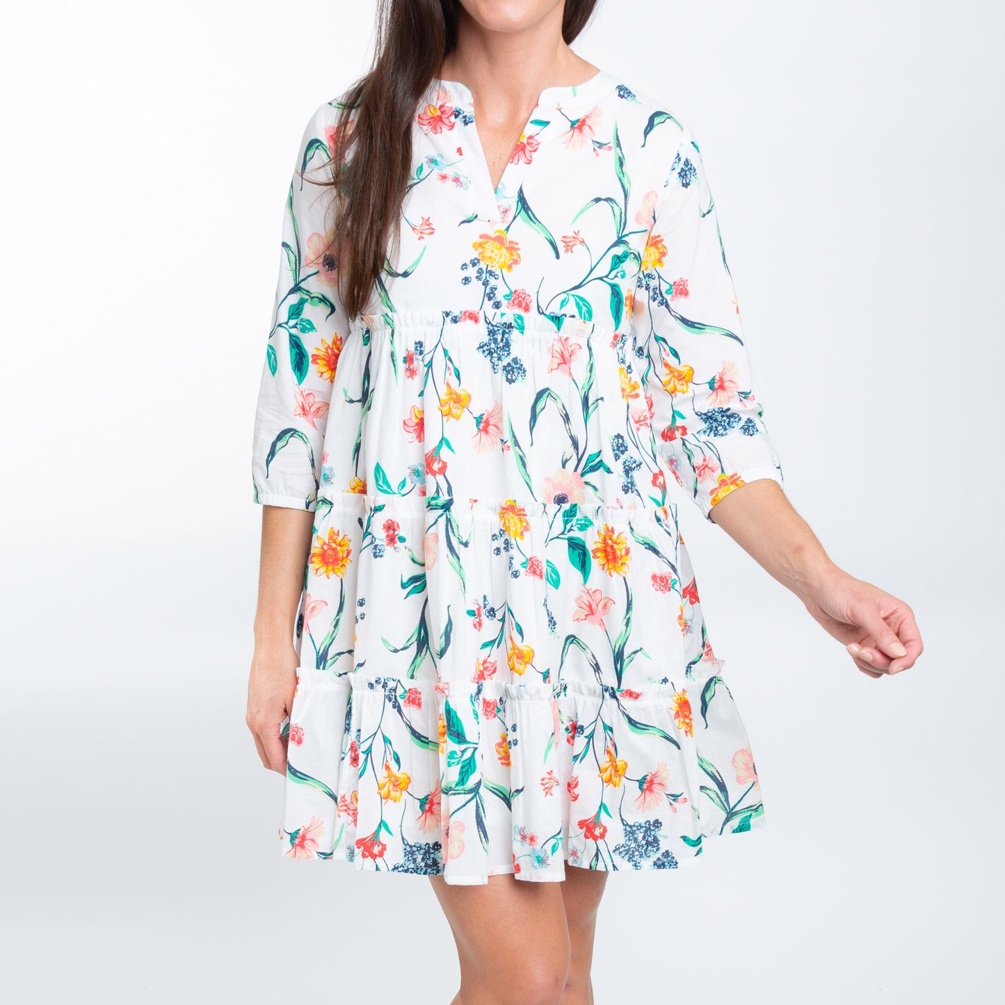 Allegra V-Neck 3/4 Sleeve Tiered Baby Doll Dress