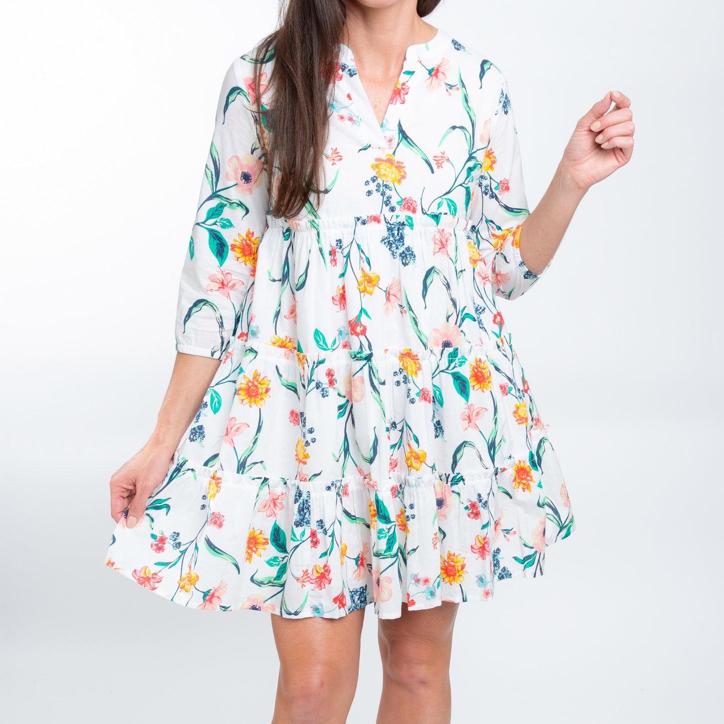 Allegra V-Neck 3/4 Sleeve Tiered Baby Doll Dress