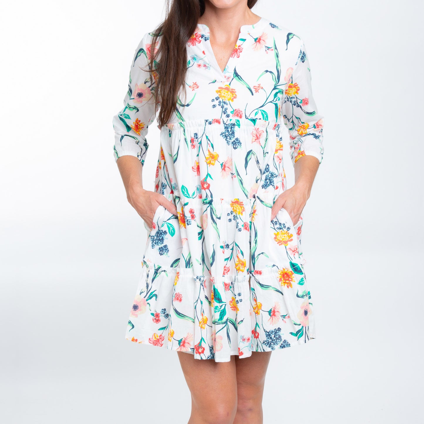 Allegra V-Neck 3/4 Sleeve Tiered Baby Doll Dress