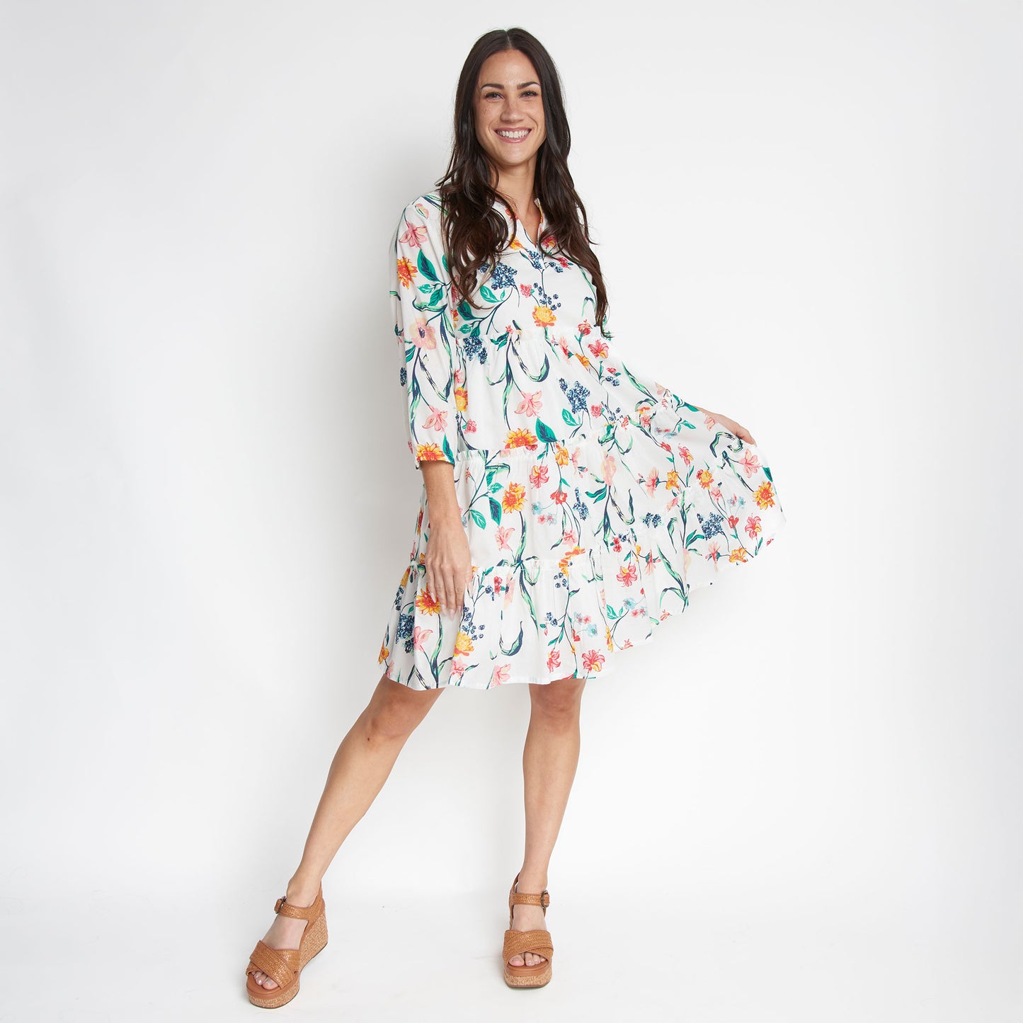 Allegra V-Neck 3/4 Sleeve Tiered Baby Doll Dress
