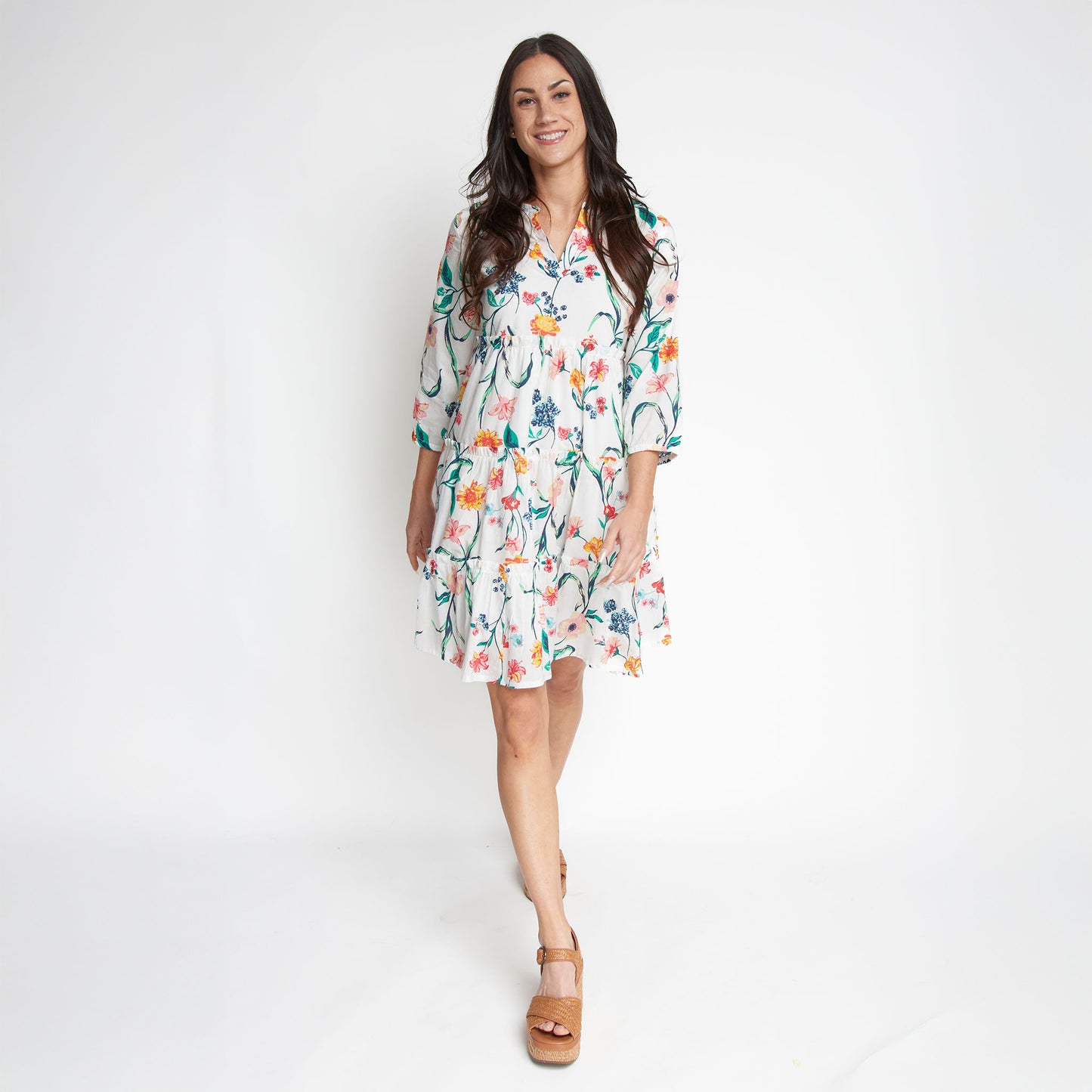 Allegra V-Neck 3/4 Sleeve Tiered Baby Doll Dress