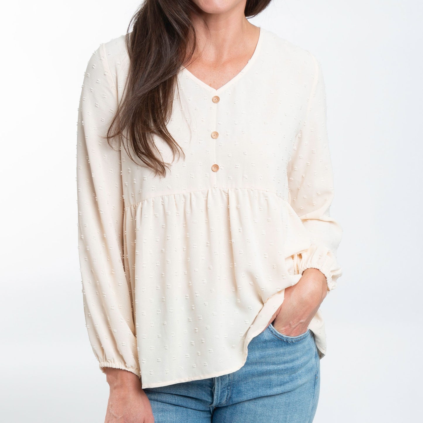Kyra Swiss Dot V-Neck Long Sleeve Babydoll Blouse