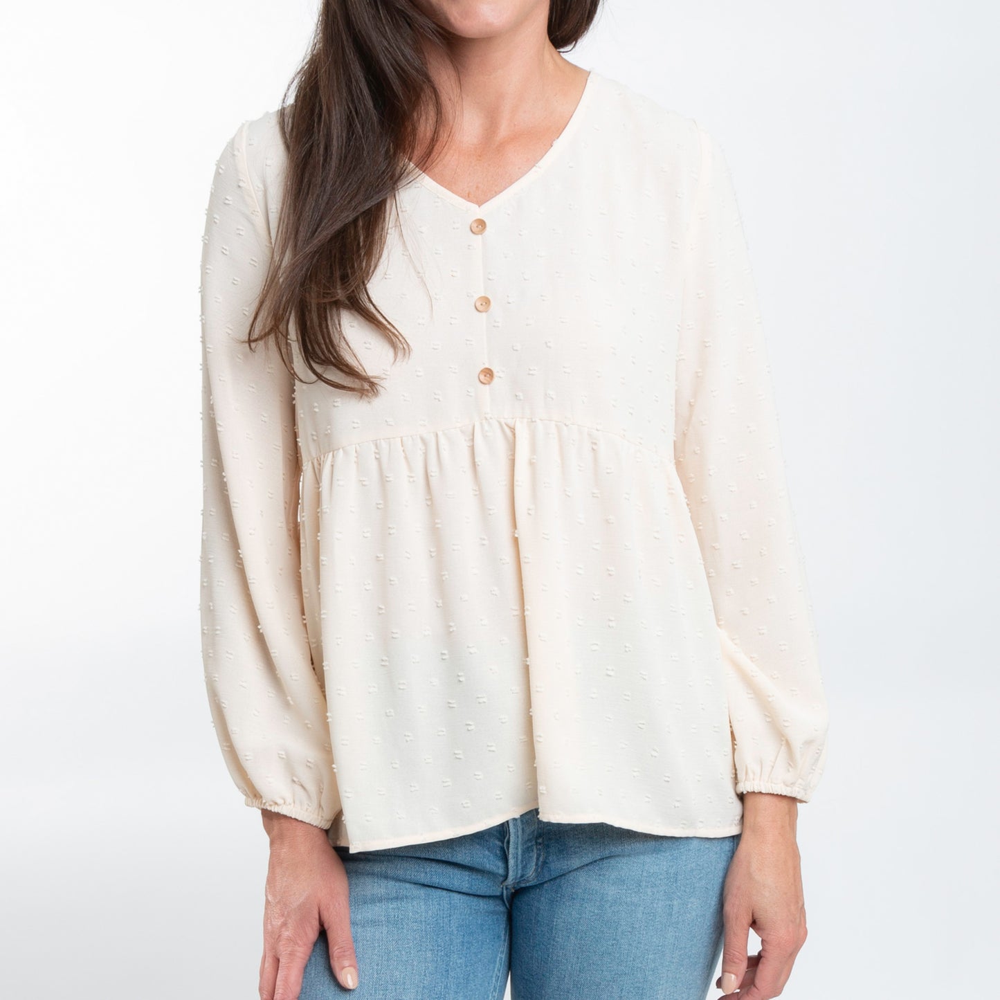 Kyra Swiss Dot V-Neck Long Sleeve Babydoll Blouse