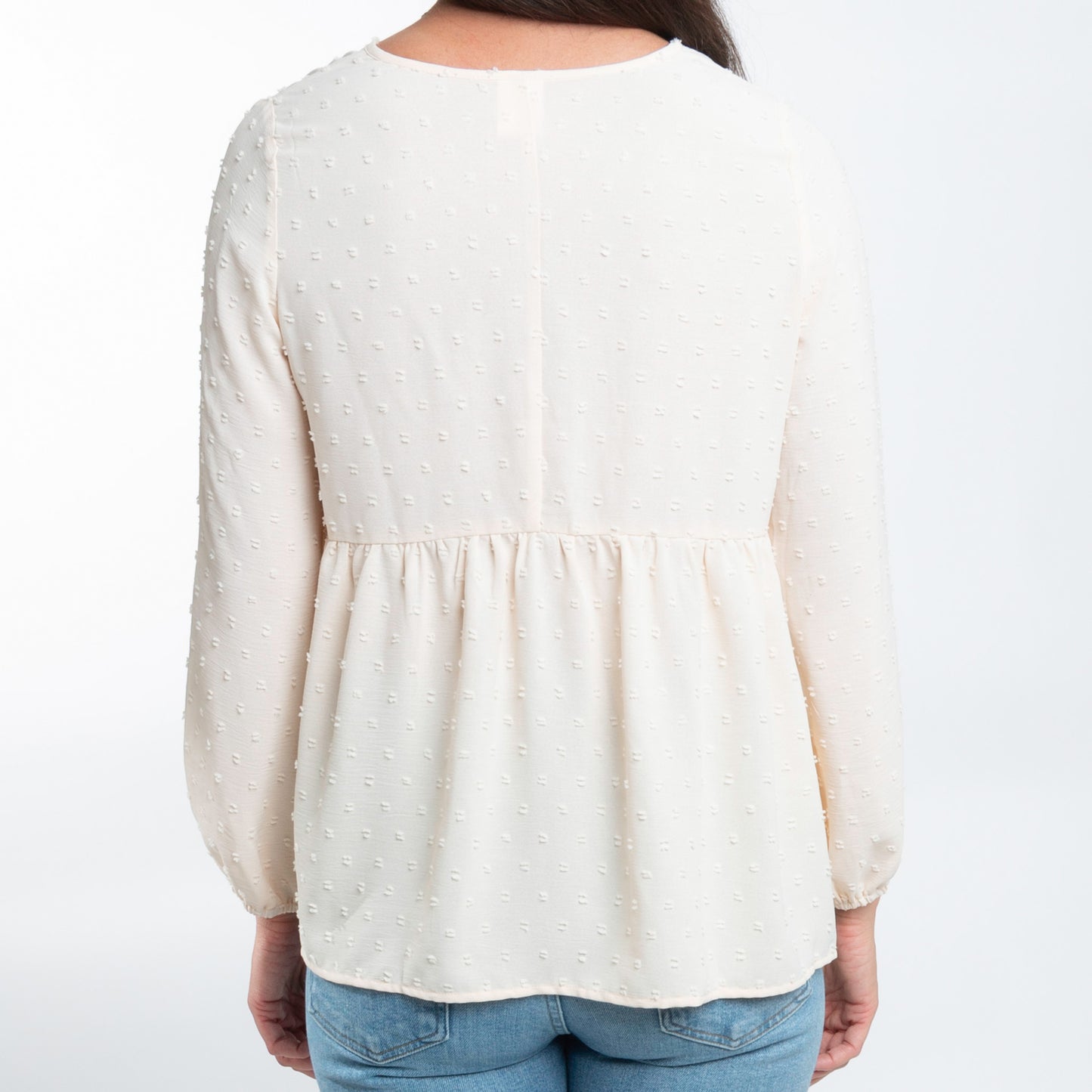 Kyra Swiss Dot V-Neck Long Sleeve Babydoll Blouse