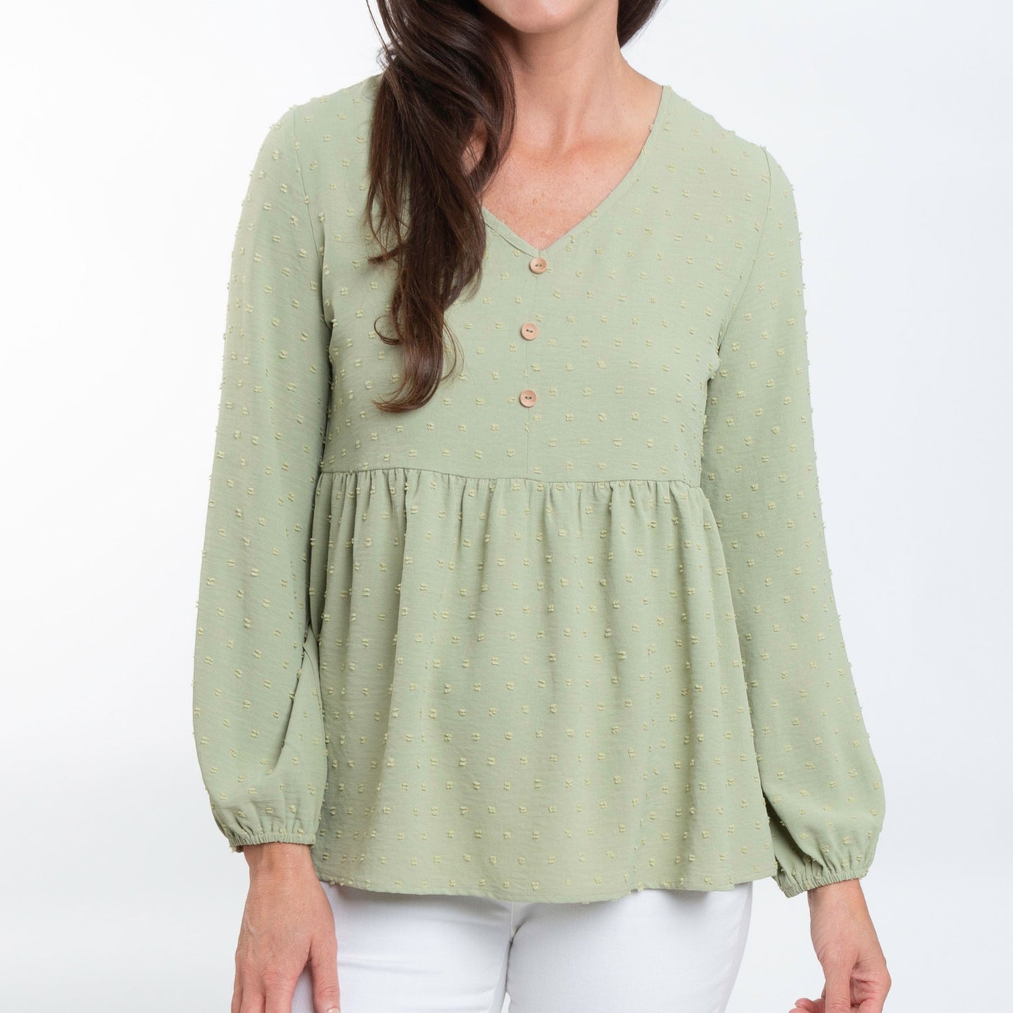 Kyra Swiss Dot V-Neck Long Sleeve Babydoll Blouse