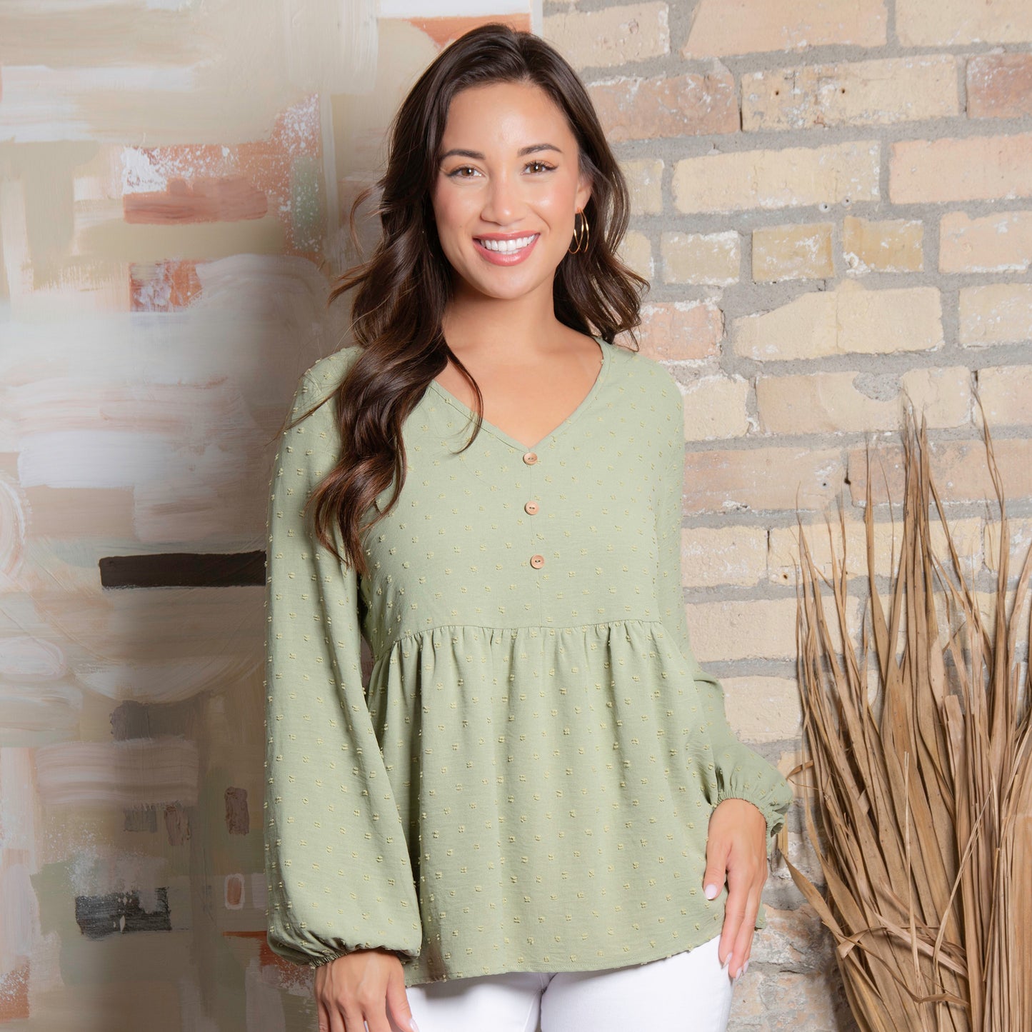 Kyra Swiss Dot V-Neck Long Sleeve Babydoll Blouse