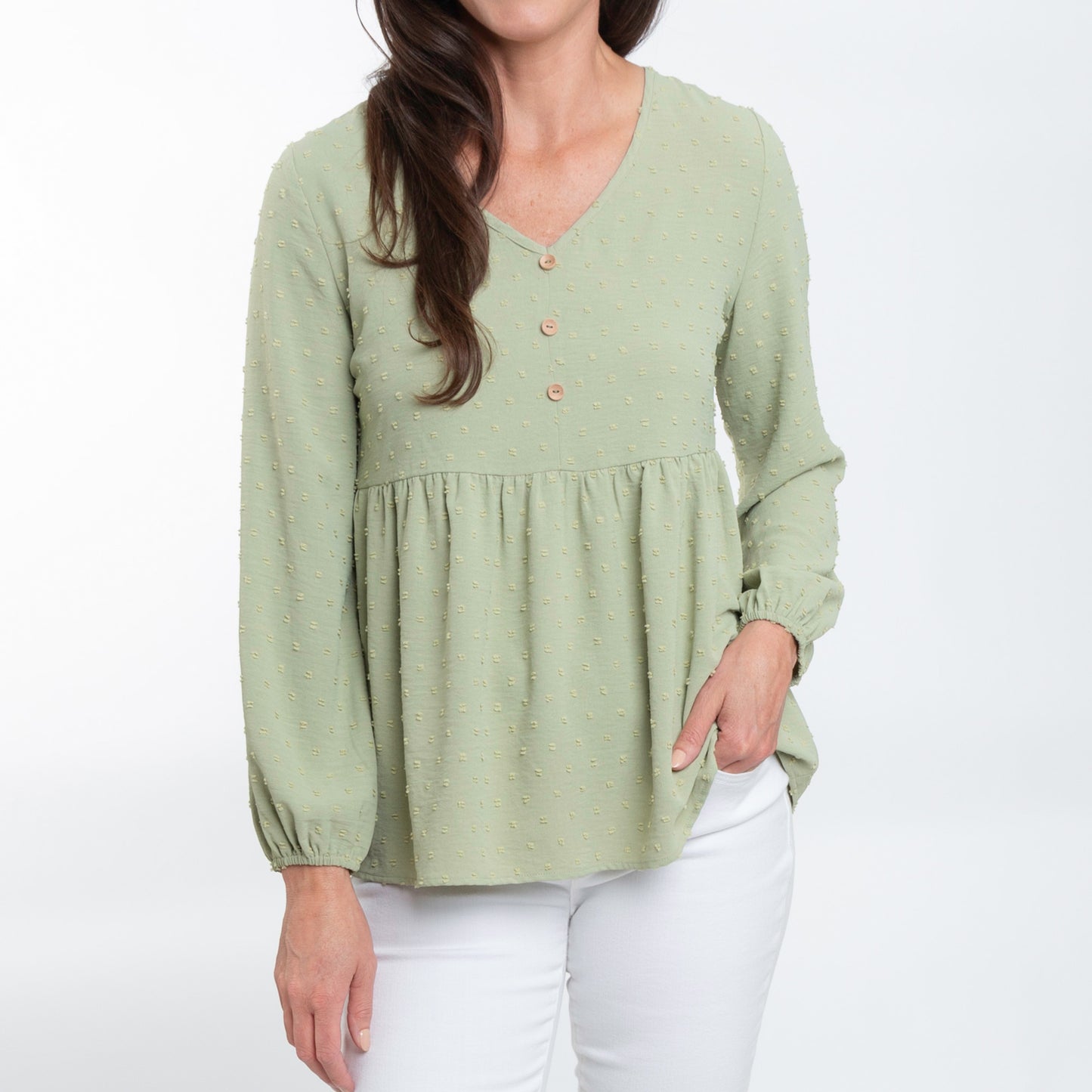 Kyra Swiss Dot V-Neck Long Sleeve Babydoll Blouse