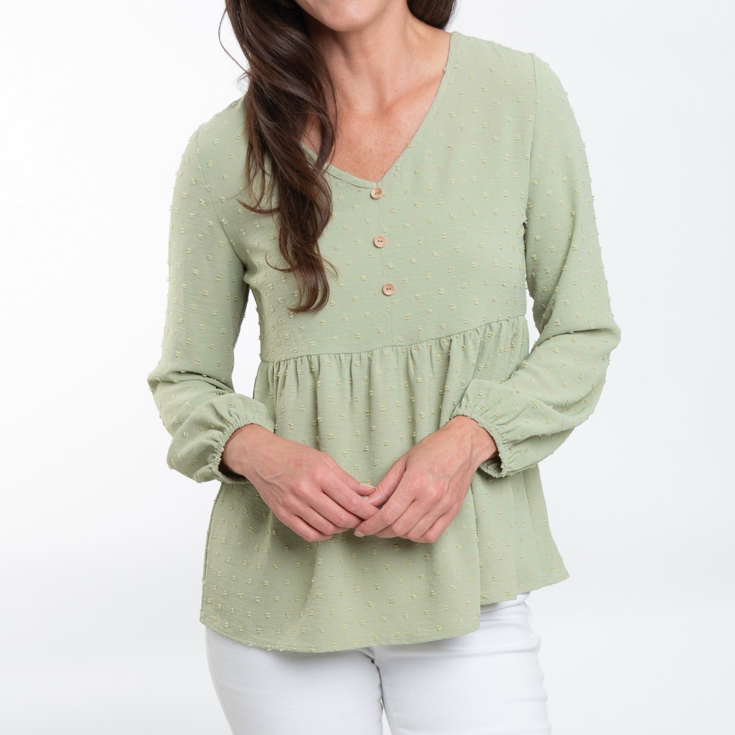 Kyra Swiss Dot V-Neck Long Sleeve Babydoll Blouse