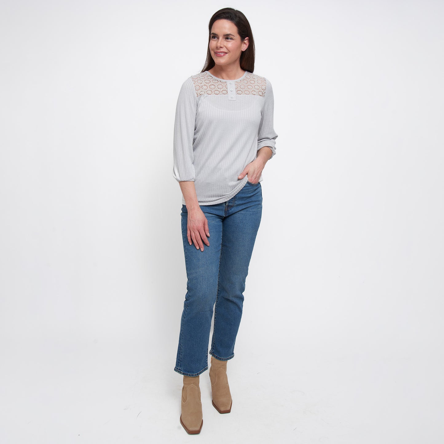 Selena 3/4 Sleeve Ribbed Jersey Henley Blouse