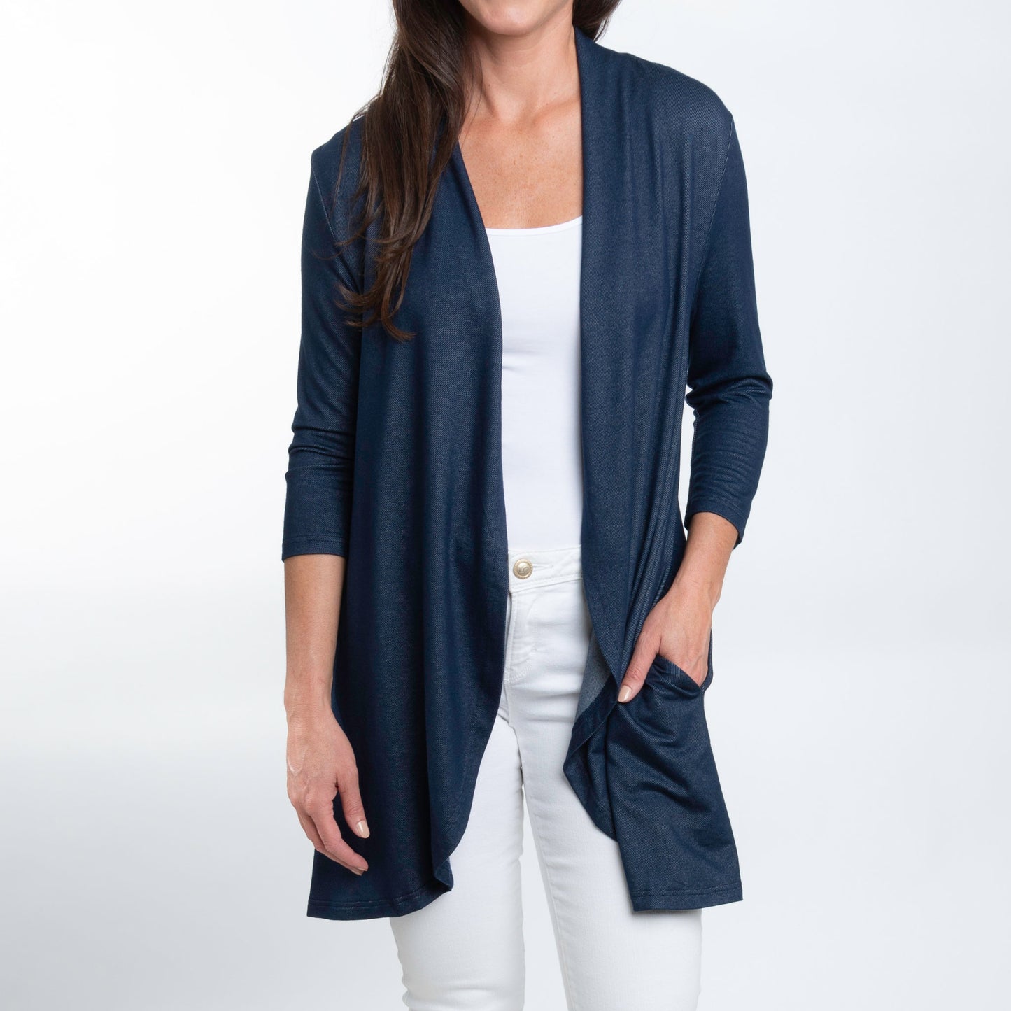 Diana 3/4 Sleeve Stretch Knit Denim Duster Cardigan