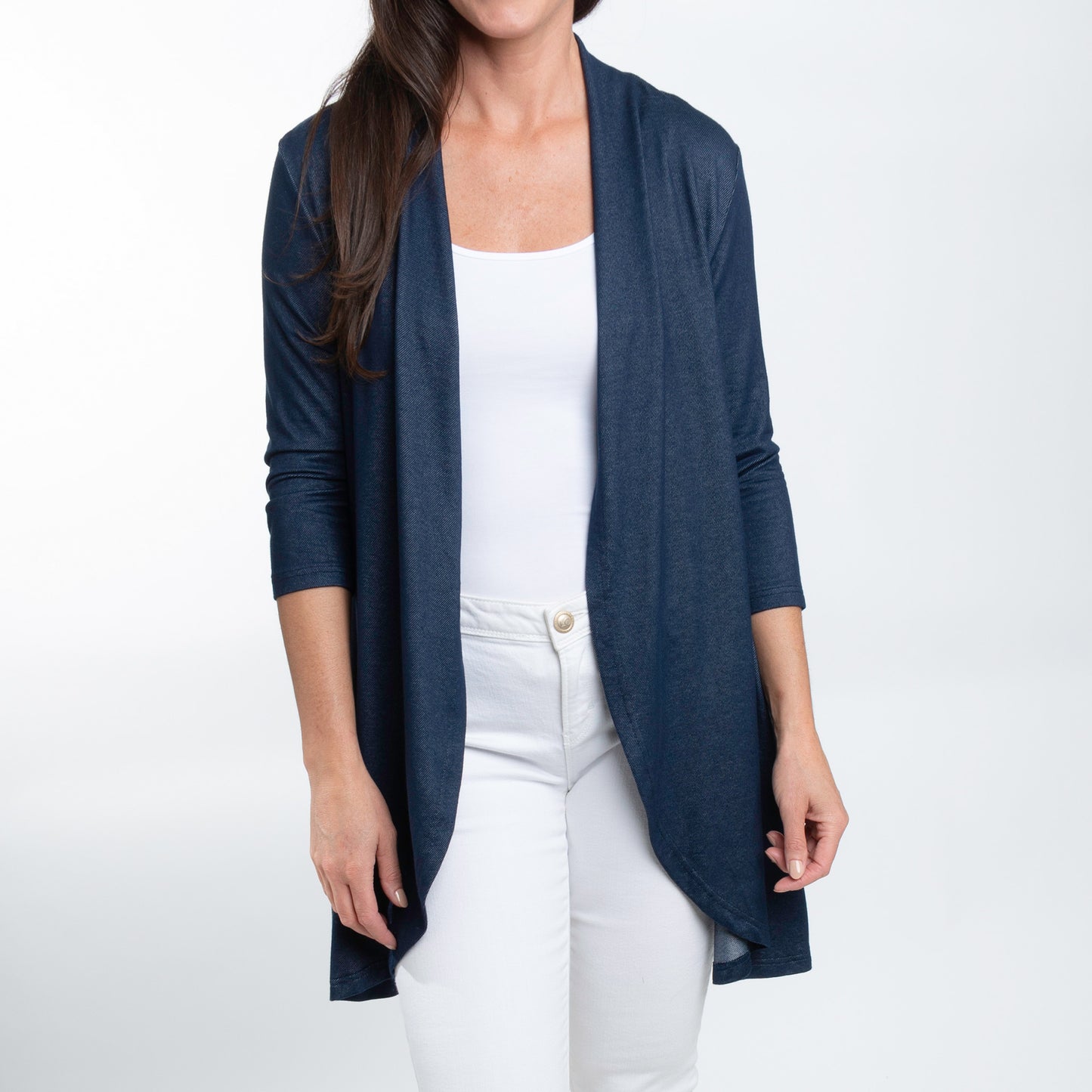 Diana 3/4 Sleeve Stretch Knit Denim Duster Cardigan