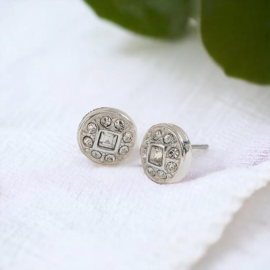 Silver Crystal Stone Round Stud Earrings