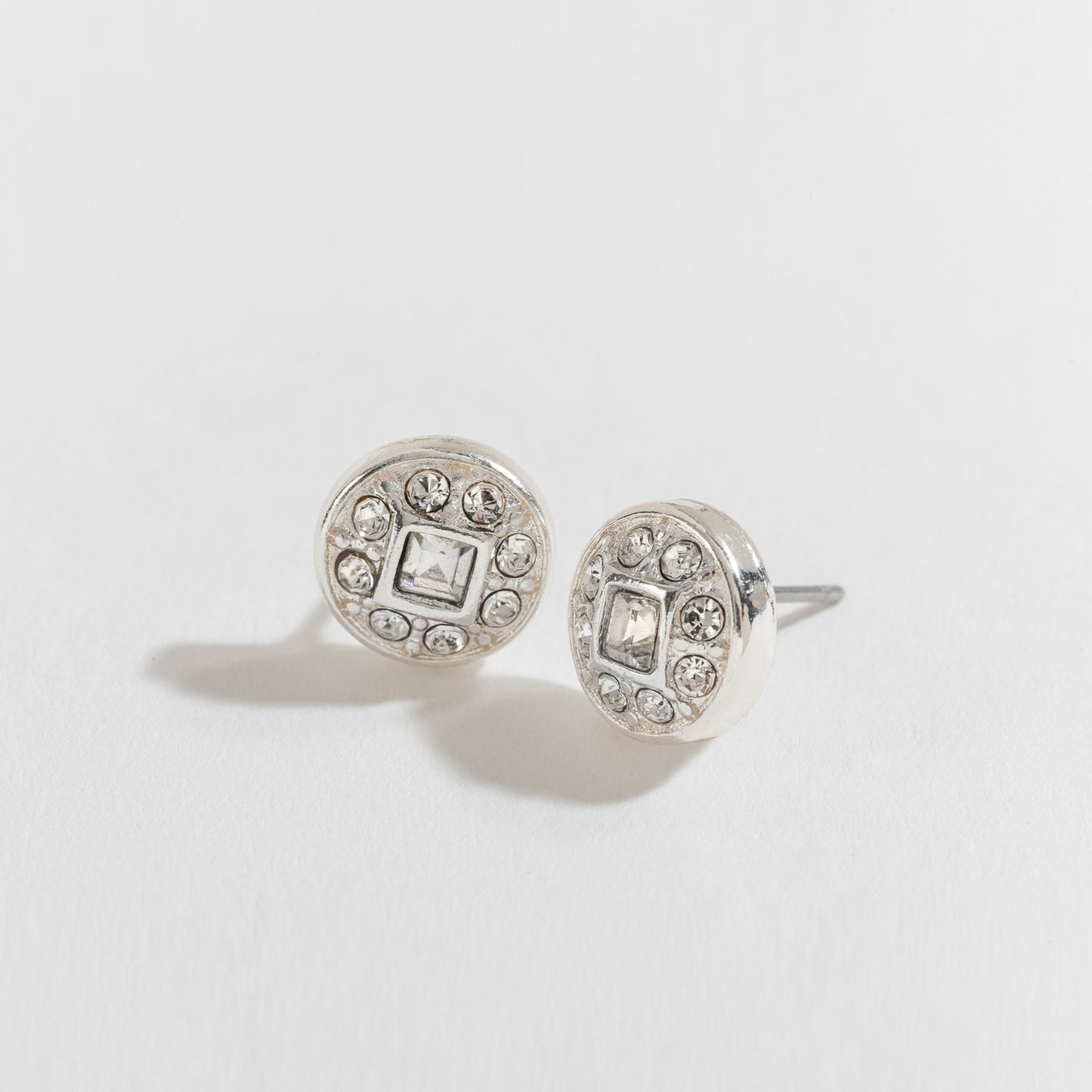 Silver Crystal Stone Round Stud Earrings